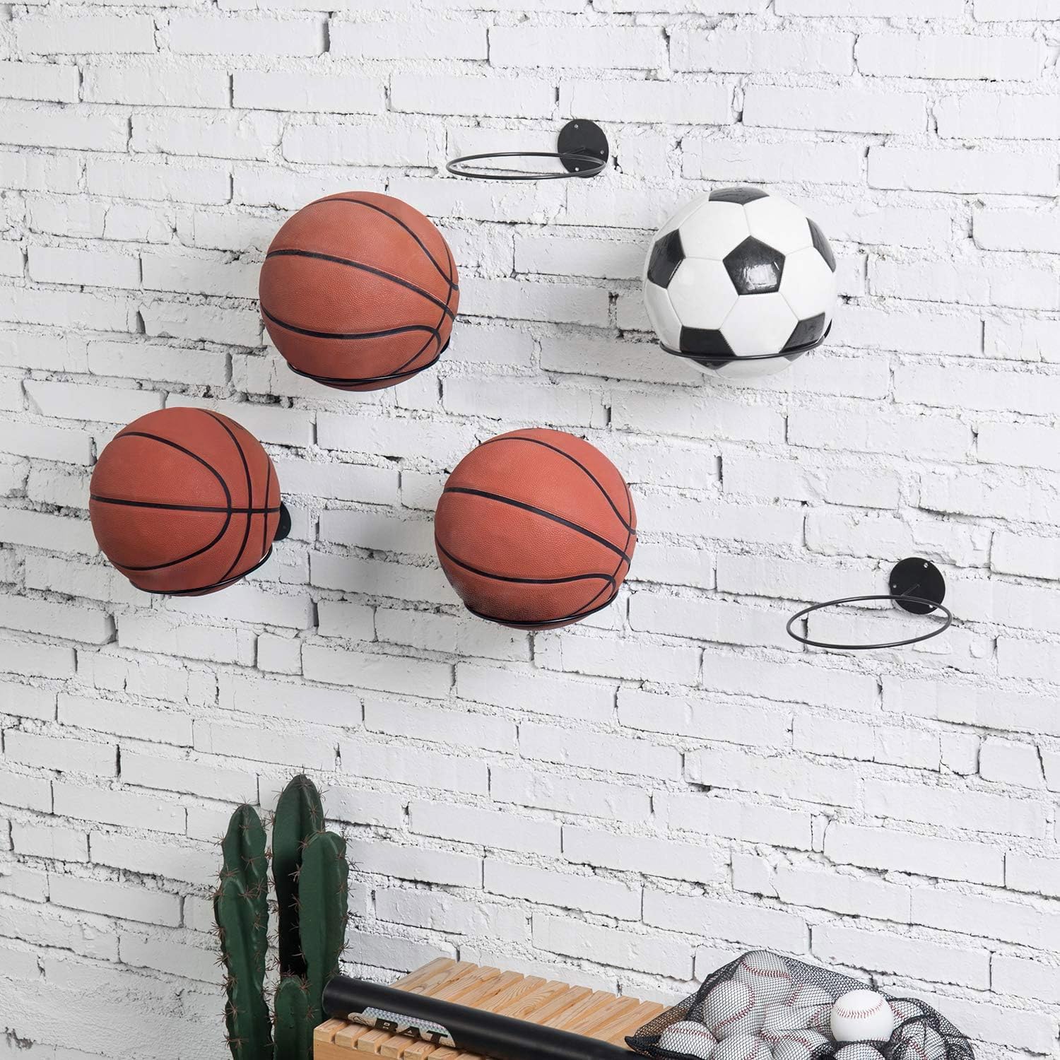 MyGift Wall Mounted Black Metal Sports Ball Storage, 7 Inch Round Display Rack for Soccer Ball, Volleyball, Basketball Holder, Set of 6