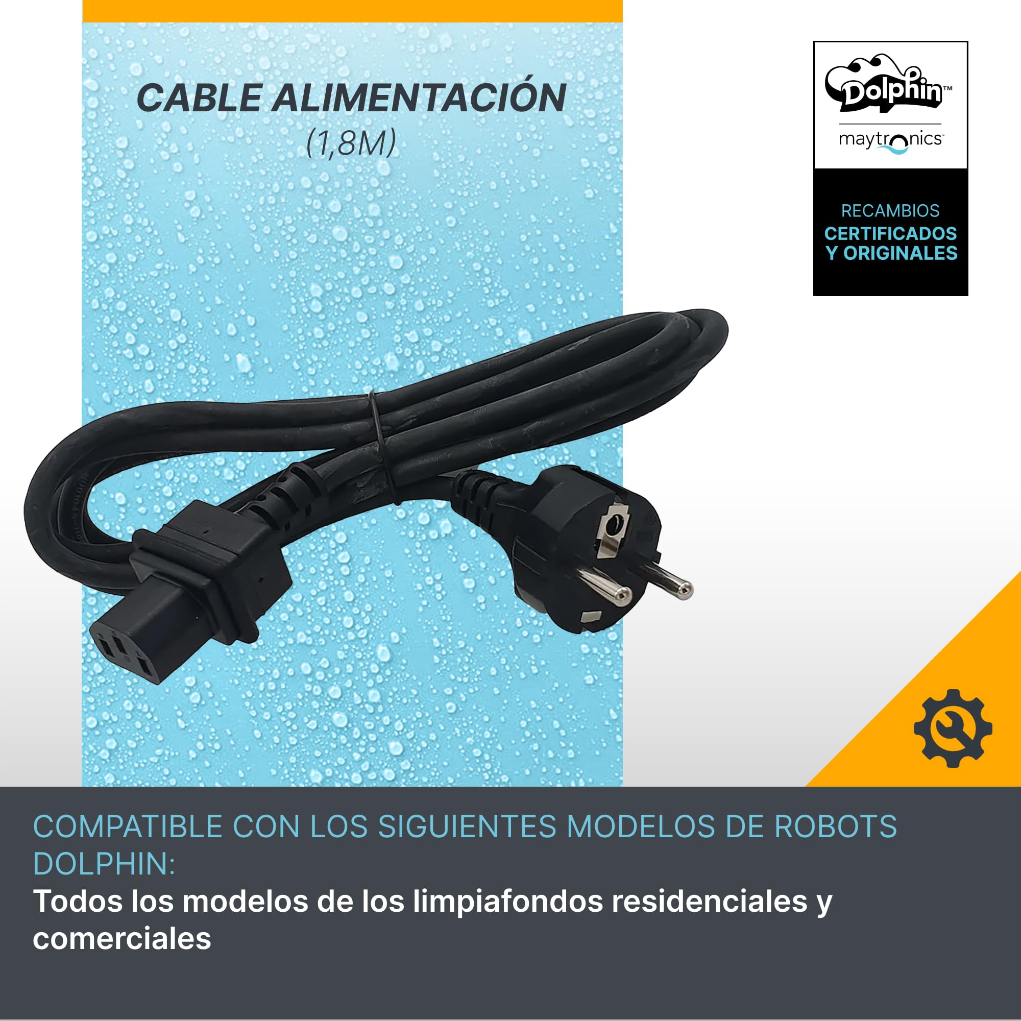 Dolphin Piezas de Recambio Originales - Cable alimentación 1,8m - Ref. Maytronics: 58984401LF