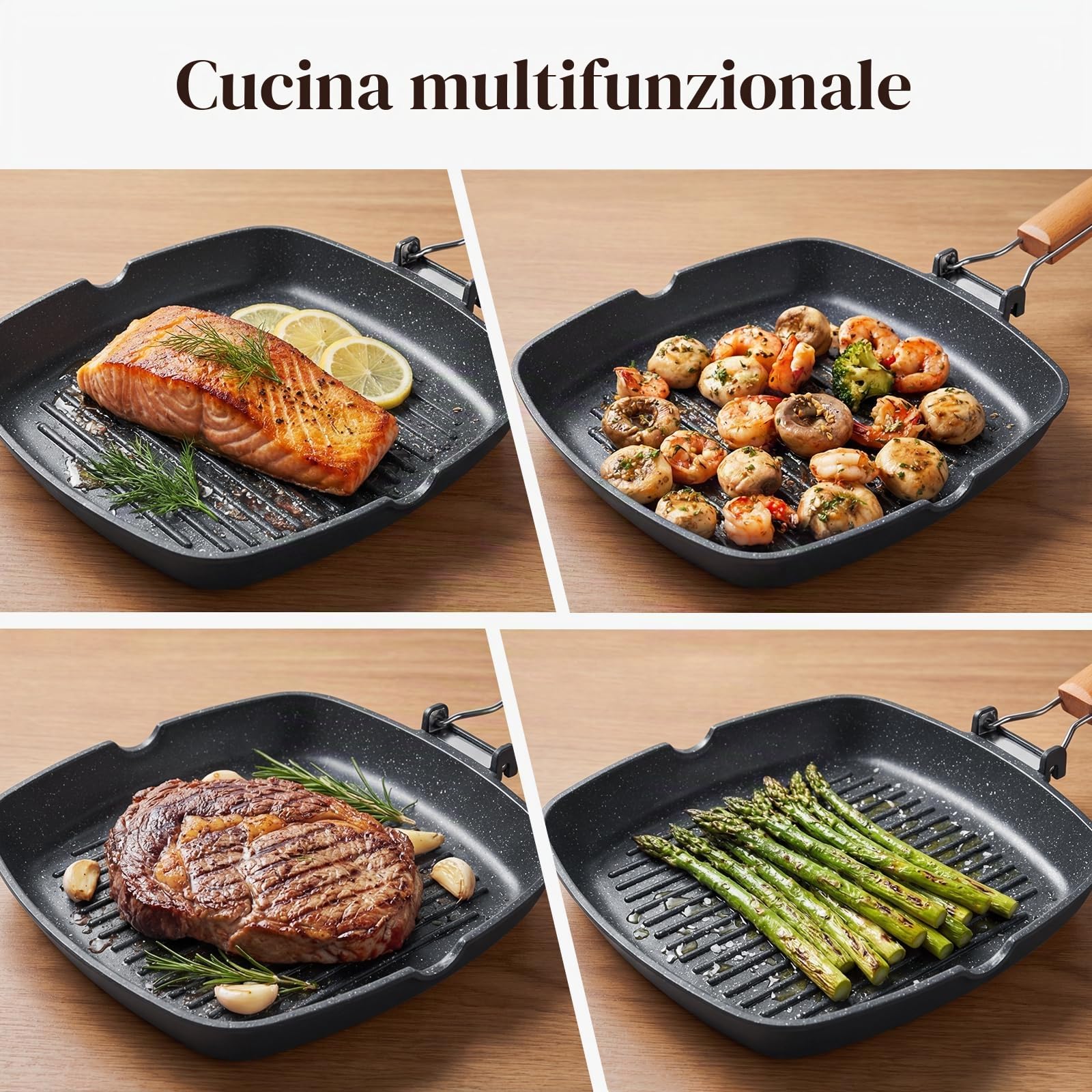 GiPP Bistecchiera antiaderente 24 x 24 cm Grill con manico pieghevole | Adatta per Tutti i Tipi di Fornelli, Induzione, gas, ceramica, elettrico, Alluminio, Facile da riporre e salvaspazio