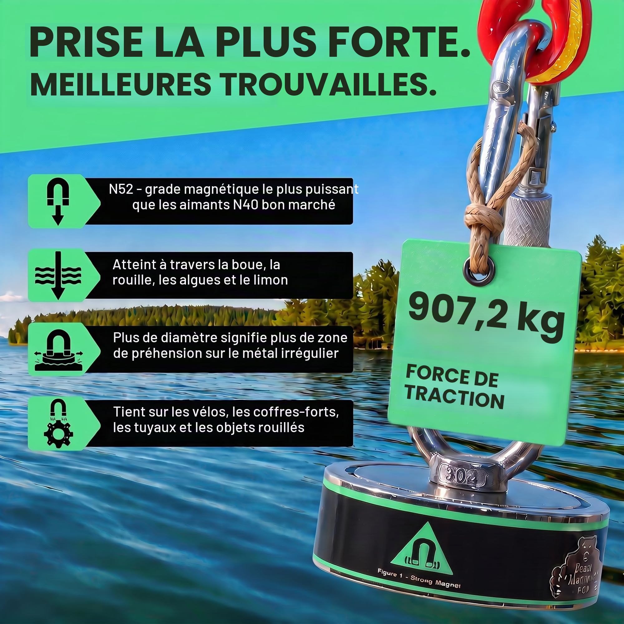 Kit de pêche magnétique double face avec étui, aimant puissant pour la pêche, 900 kg, aimant en néodyme pour une utilisation intensive, avec corde durable et mousqueton, gants et étui