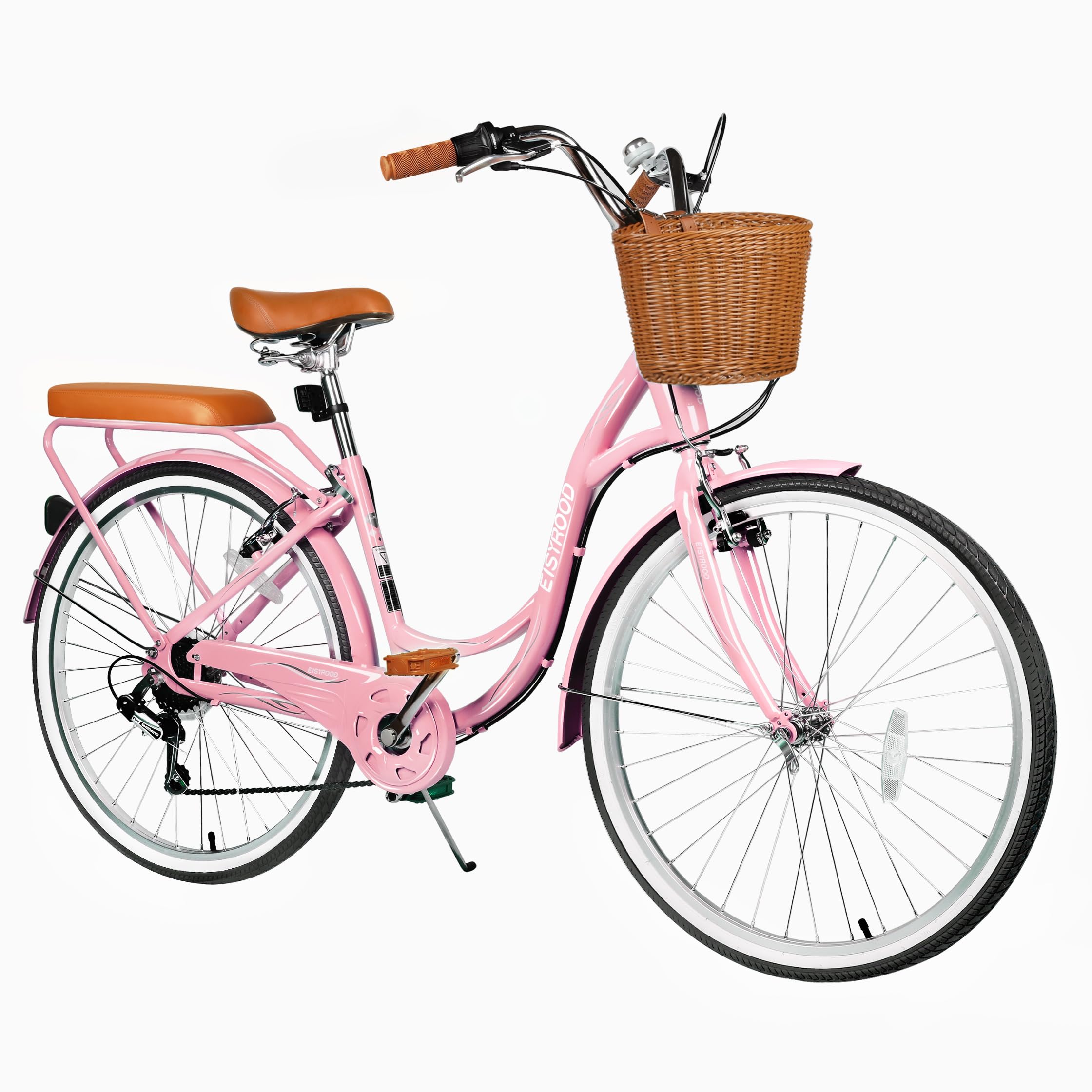 kaiwrxin 26 Inch Beach Cruiser Bike, 7-Speed Ladies Bike with Basket & Rack, Ideal City Bicycle for Women and Adults, Perfect for Commuting and Leisure Rides (26" - Pink)