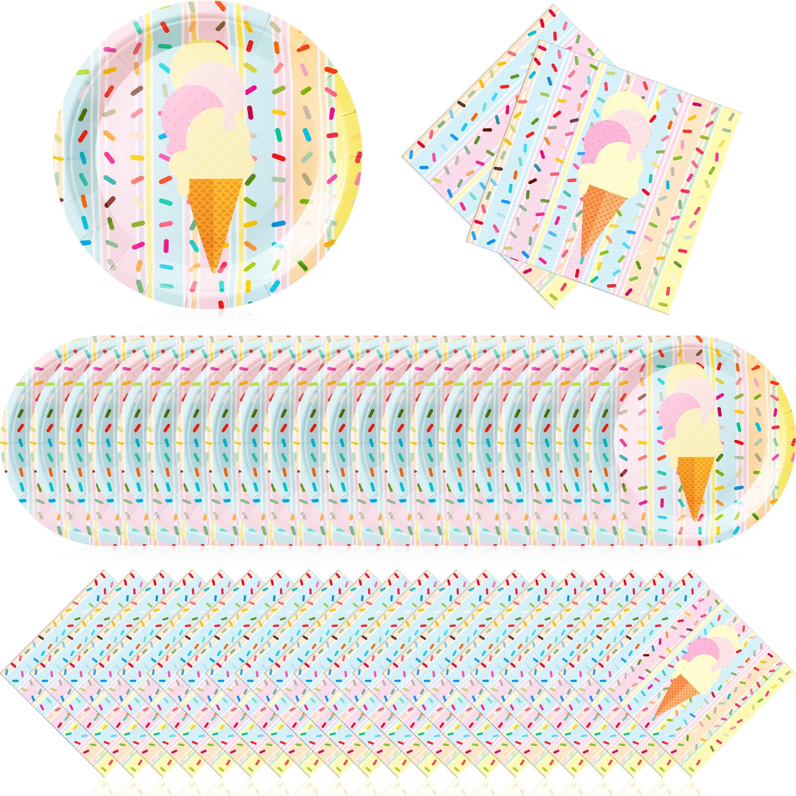 Zhehao 120 Pcs Disposable Paper Plates and Napkins Bulk Birthday Party Decorations Wedding Party Supplies(Pink, Yellow, Blue,Ice Cream Style)