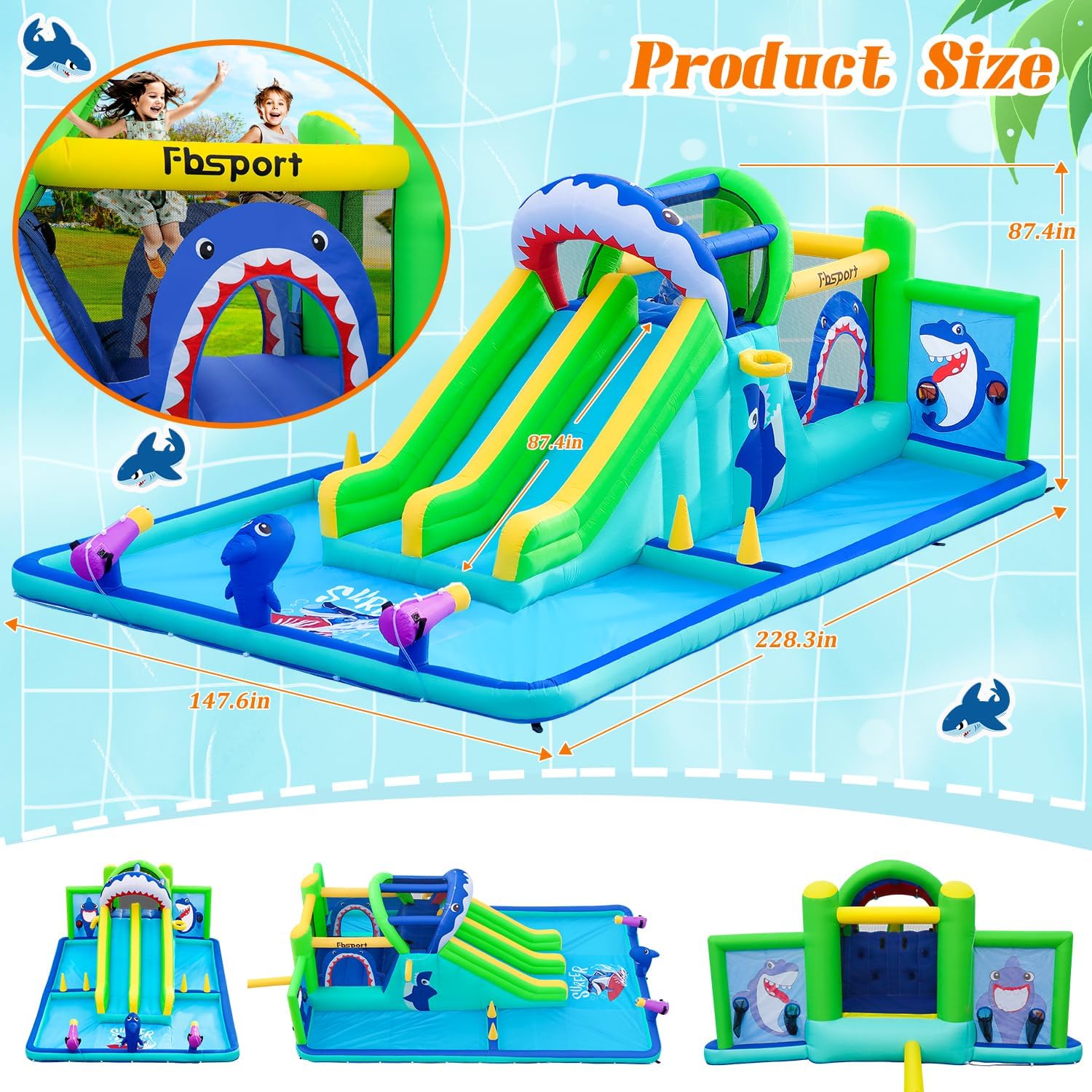 FBSPORT Inflatable Bounce House Water Slide Park, Double Slide Bouncer Castle with 550W Air Blower, Climbing Wall, Jumping Area, Toss Rings, Basketball, Splash, Bouncy House for Backyard Outdoor