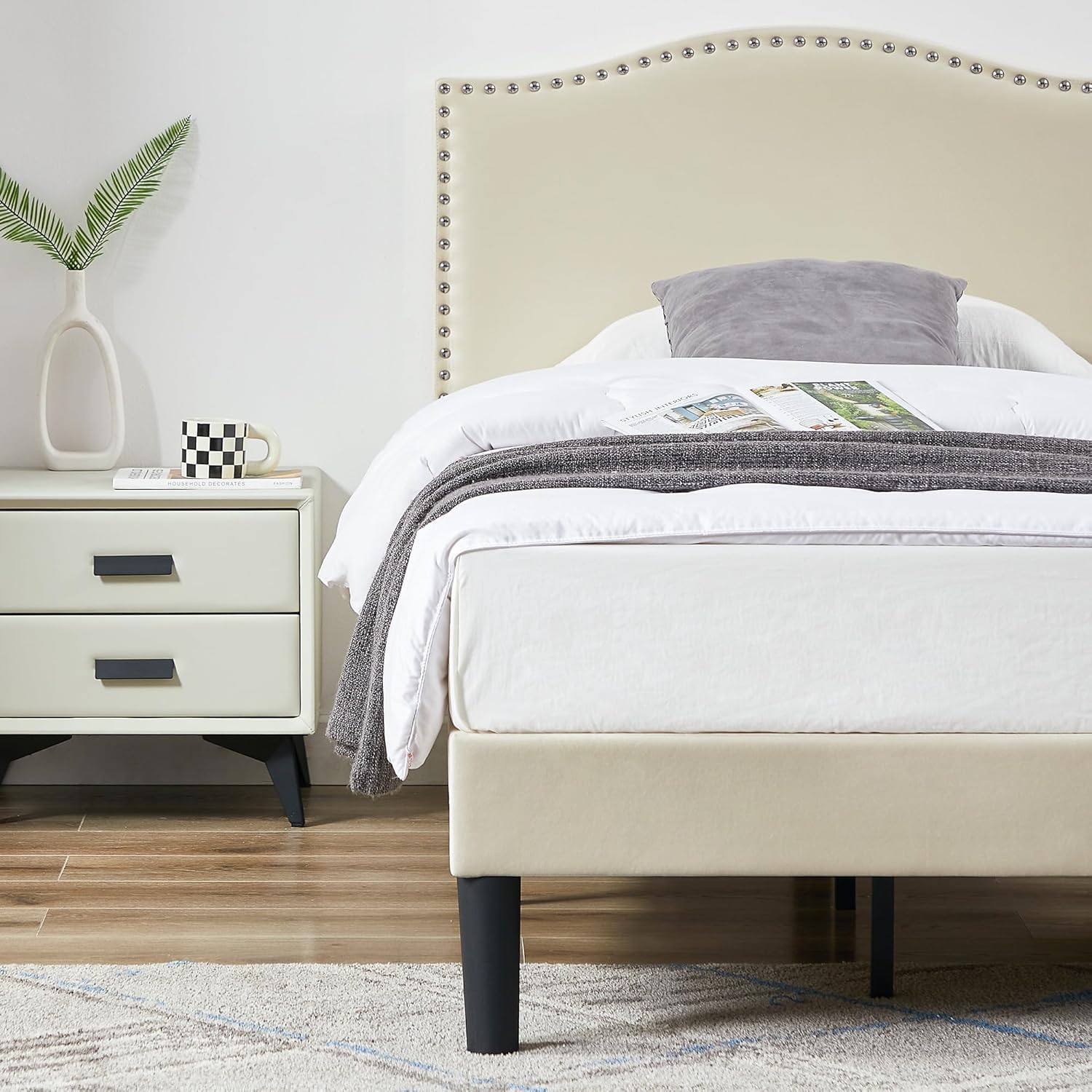 VECELO Twin Bed Frame, Platform Bed Frame with Adjustable Height Upholstered Headboard, Heavy-Duty Frame and Strong Wooden Slats Support, Non-Slip and Noise-Free, Easy Assembly, Beige