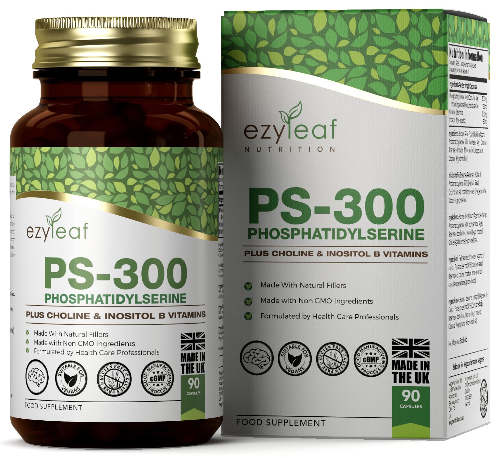 Ezyleaf Fosfatidilserina PS-300 con Bitartrato de Colina y Myo Inositol | 90 Cápsulas de Alta Potencia - Porción de 300mg | Fosfatidilserina y Colina | Sin OGM ni Gluten, Certificación ISO del RU