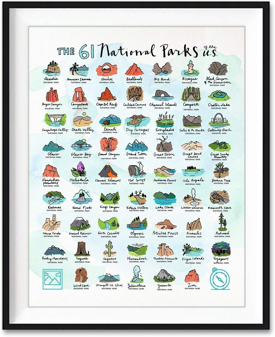 The 61 National Parks of the U.S. Art Print, Unframed, Wall Art Decor Poster Sign, Adventure Inspirational Gift, 8x10 Inches