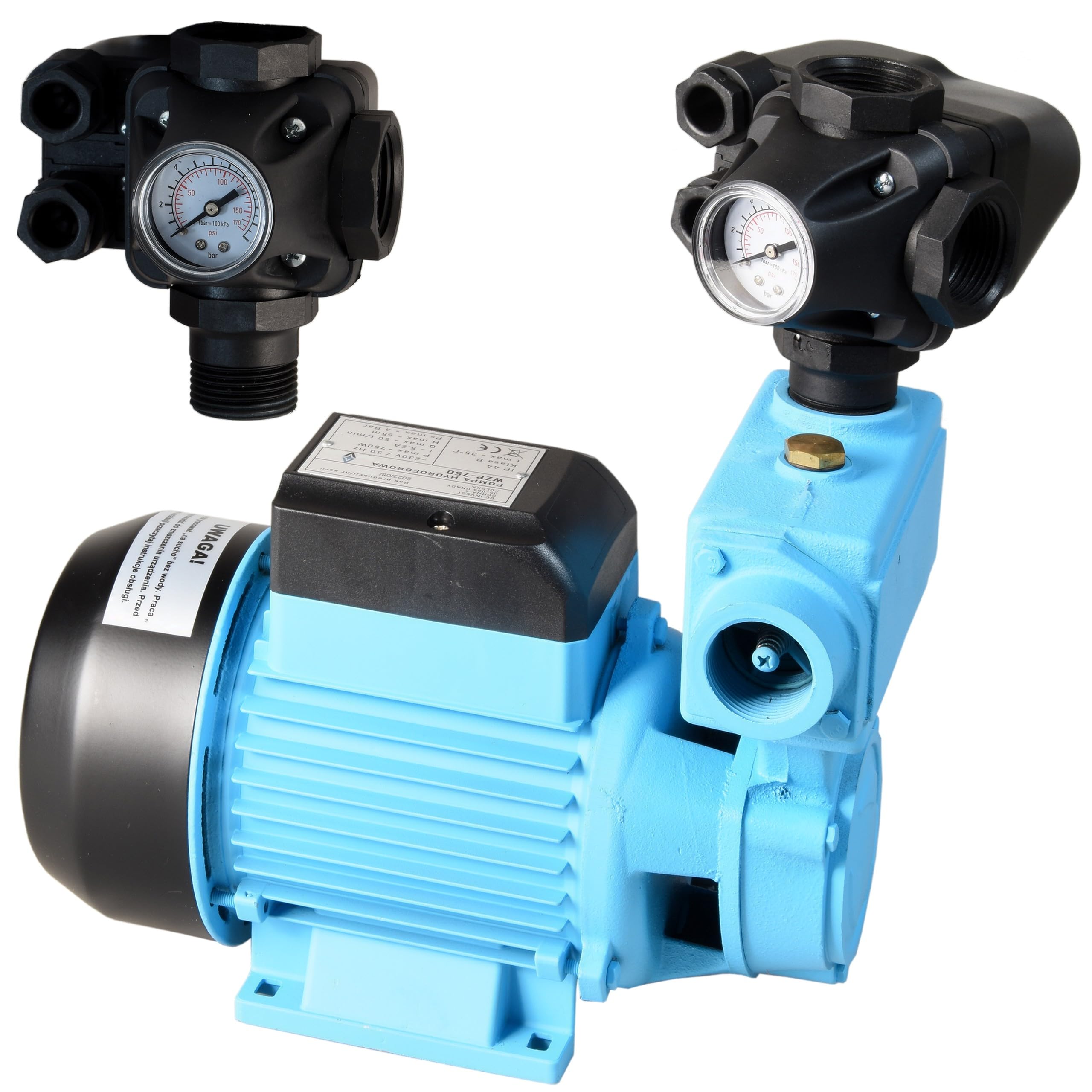 Wasserpumpe WZP 750 mit Moderne Druckschalter zum Tank - Gartenpumpe (750W 3000l/h Förderhöhe 55m) - Gußeisen - Pumpensteuerung Druckwächter - Hauswasserwerk - für Brauchwasserversorgung Bewässerung