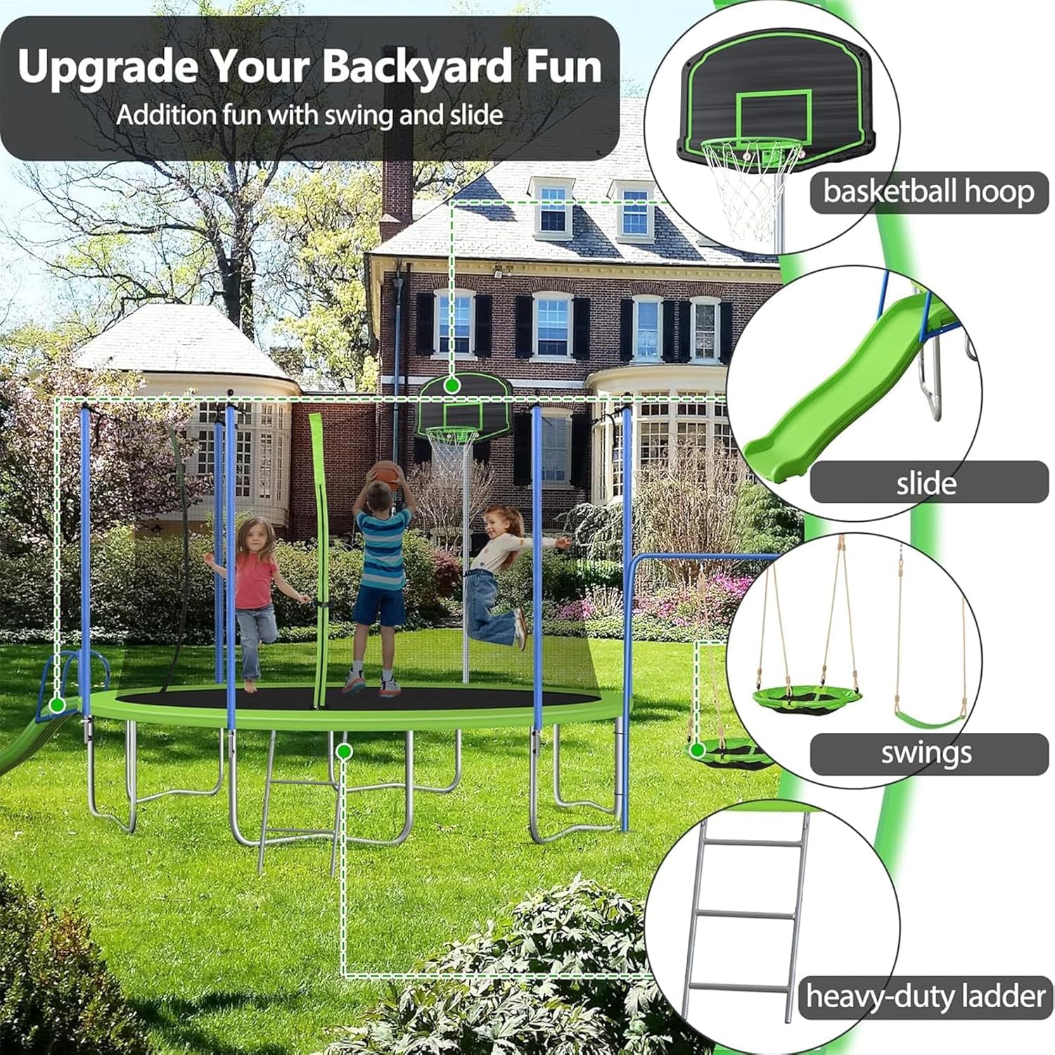 Diagram illustrating the basketball hoop, slide, swings, and heavy-duty ladder as additional fun features for the trampoline.