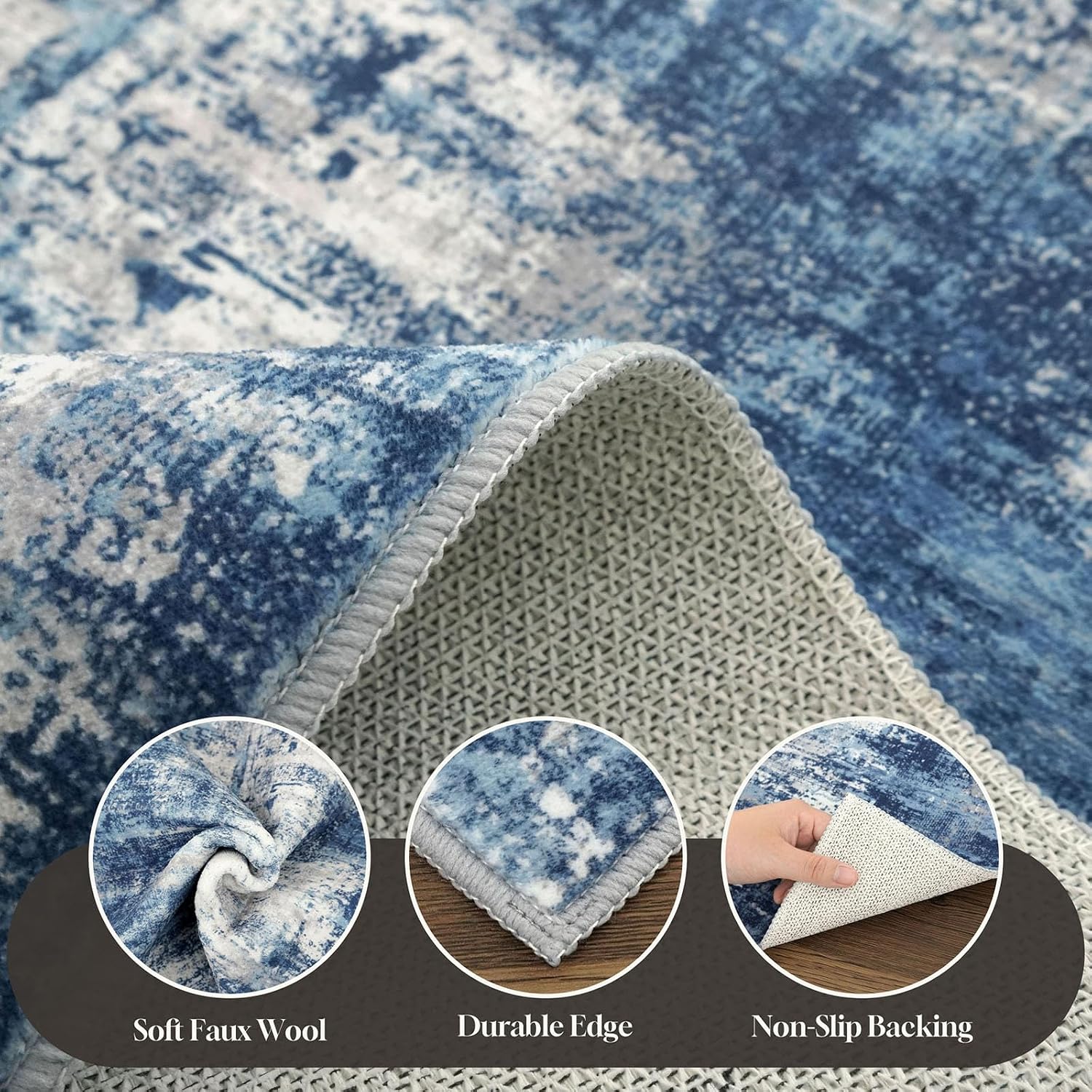 Lansny Abstract 2x6 Runner Rug, Washable Runners for Hallways, Rubber Backed Non-Slip Kitchen Runner Rug, Printed Faux Wool Entryway Runners Indoor, Thin Floor Carpet for Bedroom Hall Entry, Blue