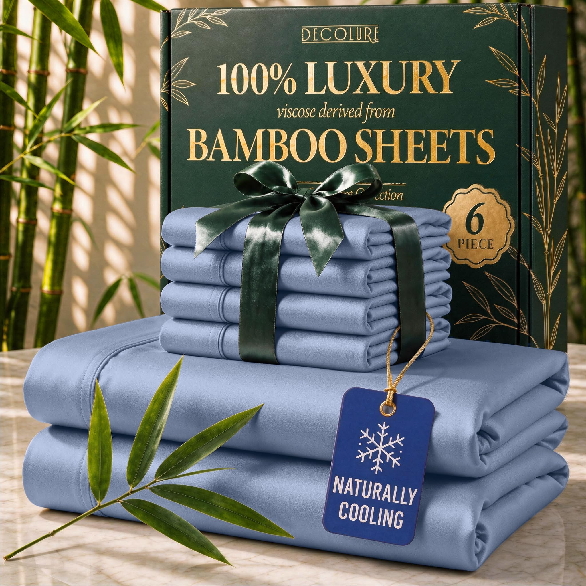 Photo 1 of DECOLURE 100% Viscose Bamboo Sheet Set, 6 Pc, Light Blue