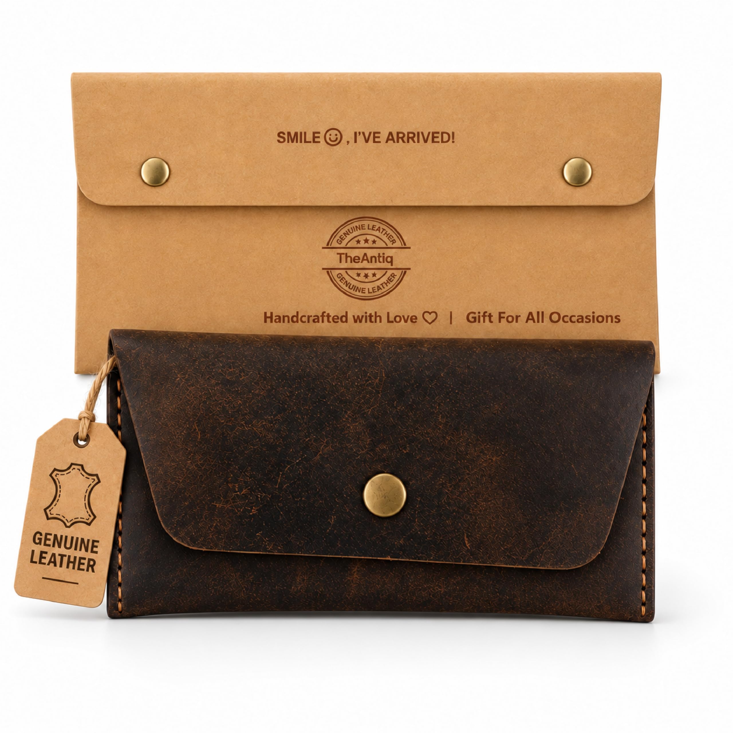 Leather Currency Pouch Cash Envelope Wallet for Men &amp; Women- Brown