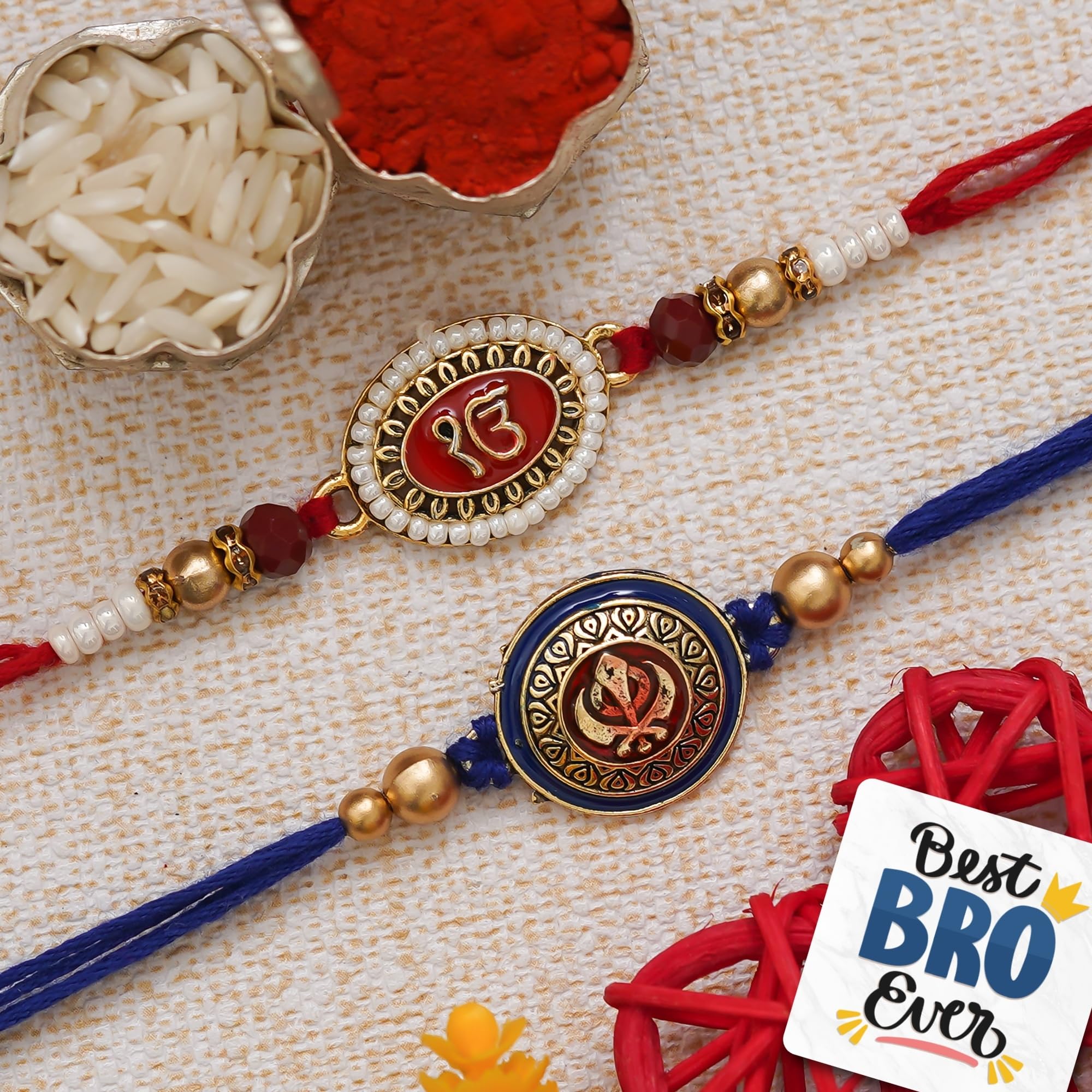 eCraftIndia Minimalist Ik Onkar & Khanda Rakhi Set for Brother with Best Bro Ever Fridge Magnet & Roli Chawal Pack | Raksha Bandhan Rakhi Combo for Bhaiya Bhai