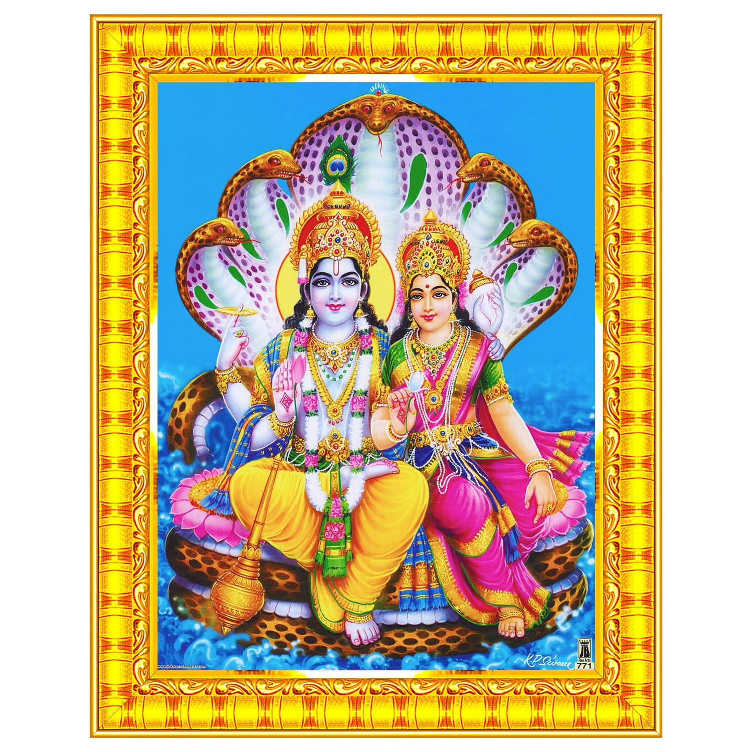 Lord Vishnu Dev Lakshmi Devi Laxmi Narayan Ji Wall Painting Framed Home Decor (Wood,Matte,Gold,Small Size,6 x 8 Inch) R584S