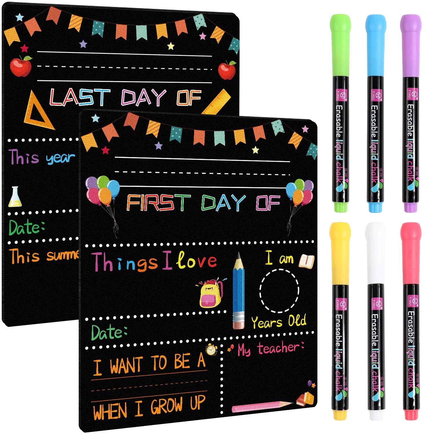 Everpwr First Day of School Board, Chalkboard with 6 Chalk Pens, My First and Last Day of School Board, Double-Sided Wood Sign Reusable for Kindergarten Preschool School Photo Prop 30x25cm