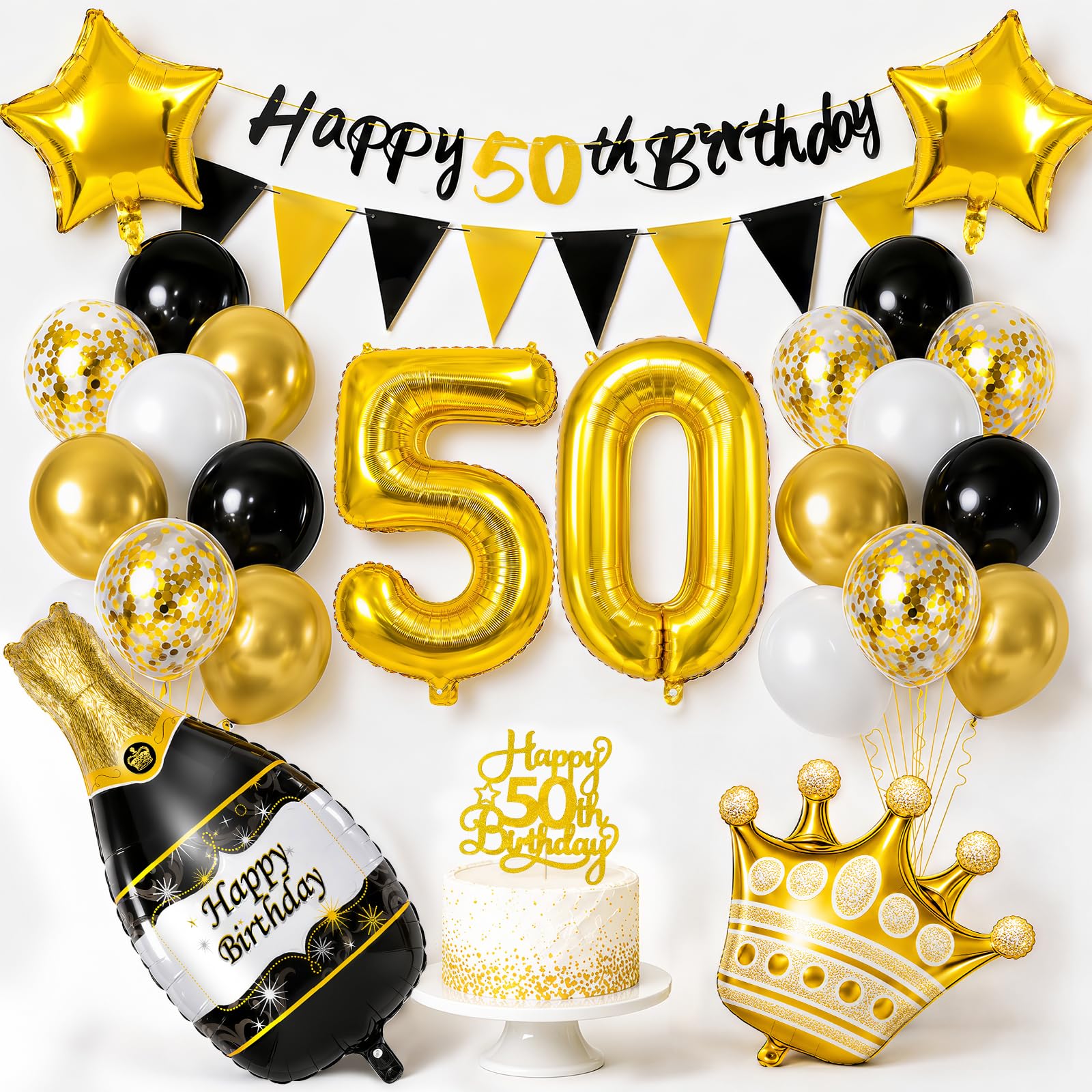 YianHien 50th Birthday Decorations for Men, Happy 50th Birthday Banner, 50th Birthday Balloons with Foil Number 50, Champagne, Crown, Star, Birthday Bunting & Cake Topper