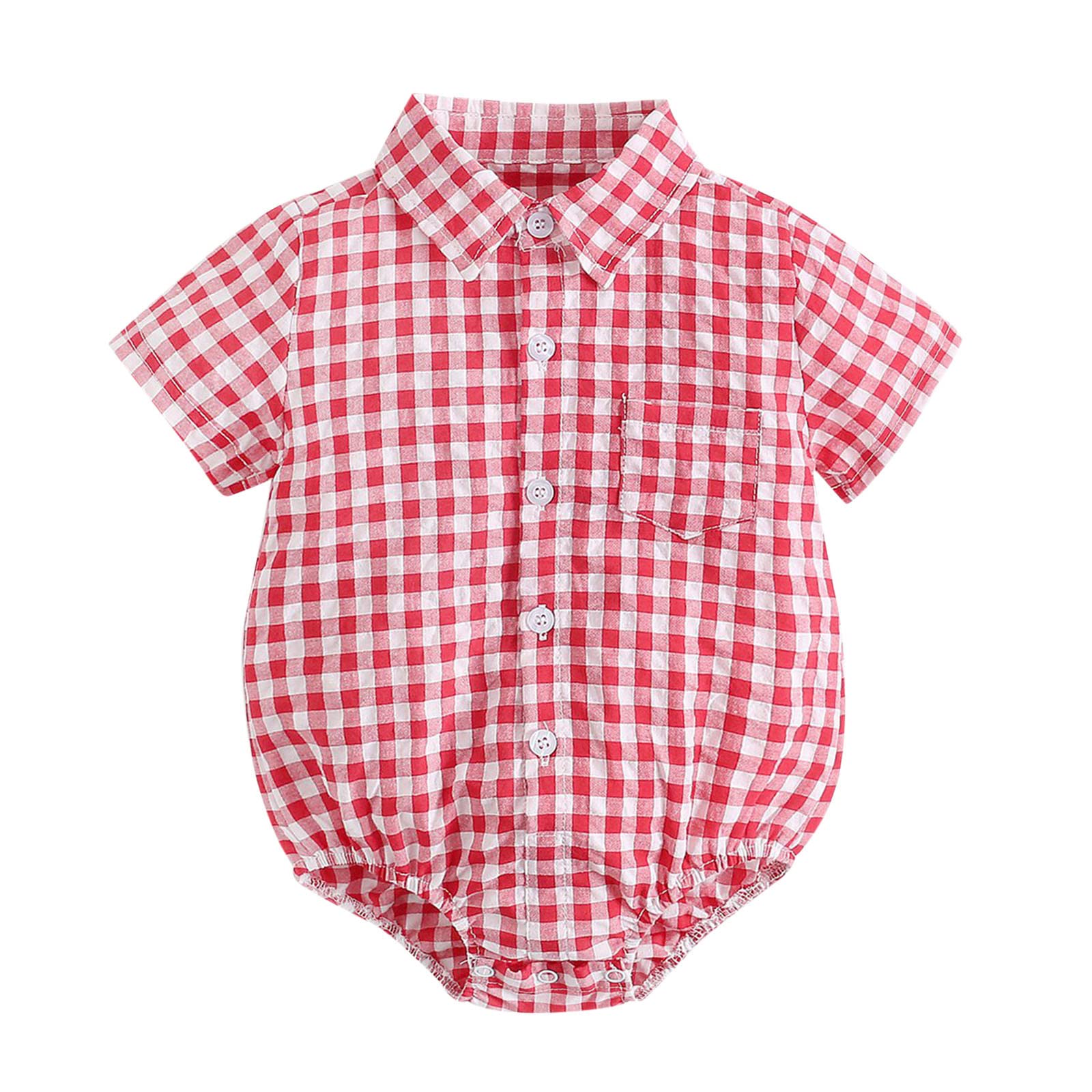 ikevan Baby Plaid Romper Short Sleeve Lapel Newborn Boys Button Down Onesie Pockets Shirt Jumpsuit Casual Soft
