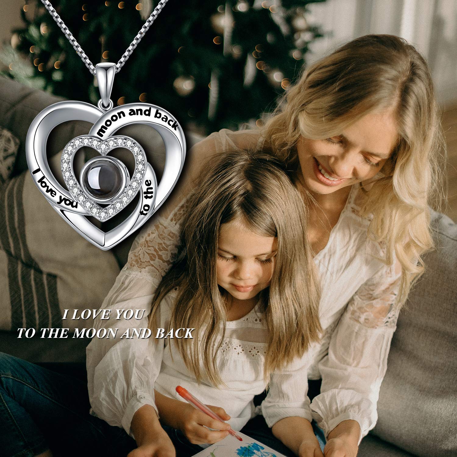 LONAGO Naszyjnik 'I Love You' 100 języków, srebro wysokiej próby 925, projekcja miłości, naszyjnik dla kobiet, mamy, 22mm*23mm, Srebro szterlingowe, Cyrkonia sześcienna