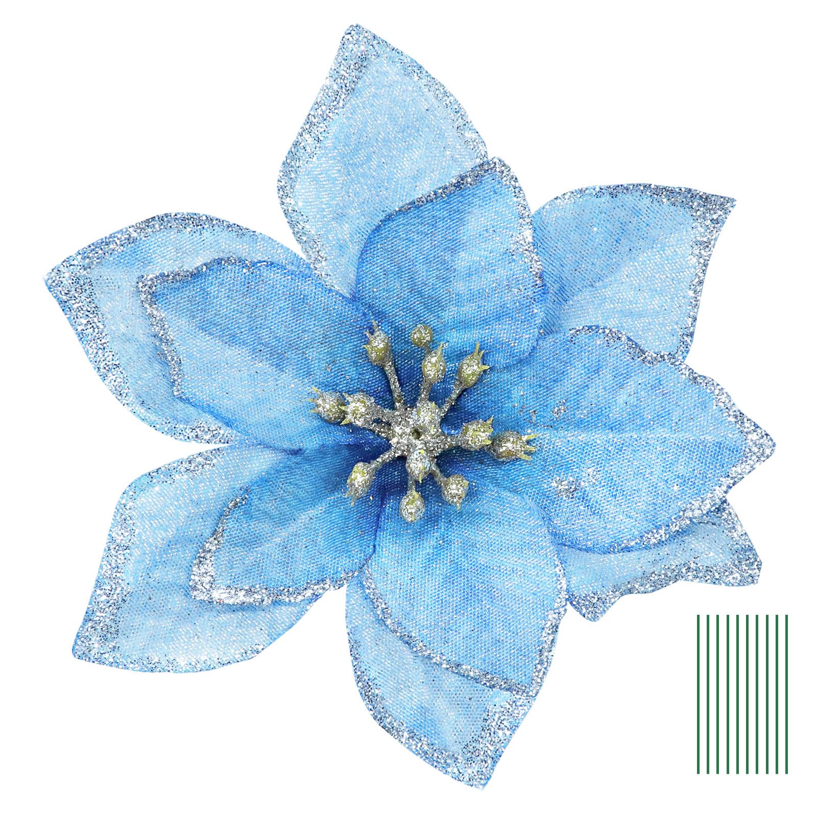 Yueshop 10pcs Christmas Glitter Poinsettia Flowers Ornament Christmas Tree Wreath Decoration Artificial Wreath Flowers for Xmas Tree Ornaments Decor (Blue)