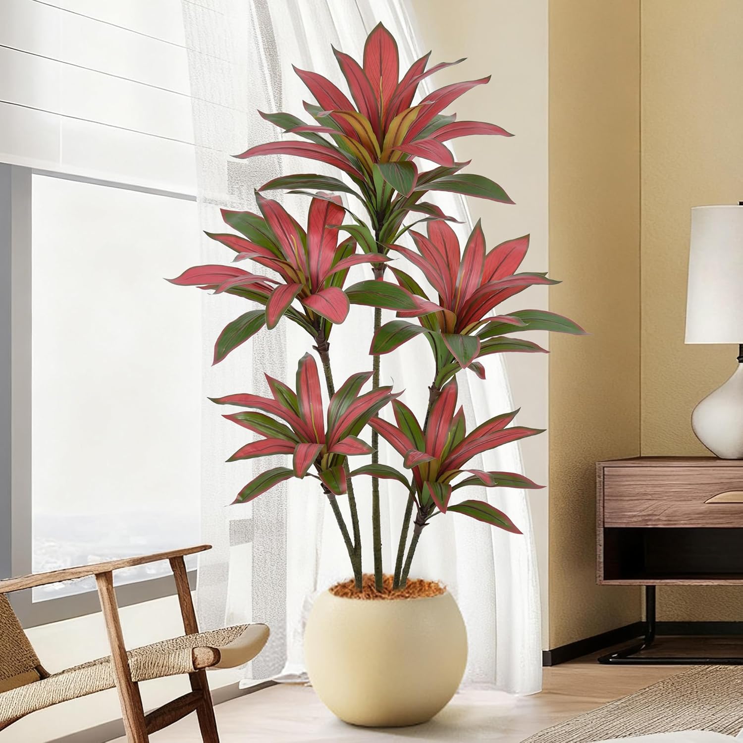 Artificial Red Dracaena Tree 5FT with 78 Leaves & 5 Heads & White Planter Cover with Coconut Fiber Tall Faux Tropical Silk Bicolor Plant 60 Inch for Indoor Home Office Porch Mall Hotel Decor - Image 9