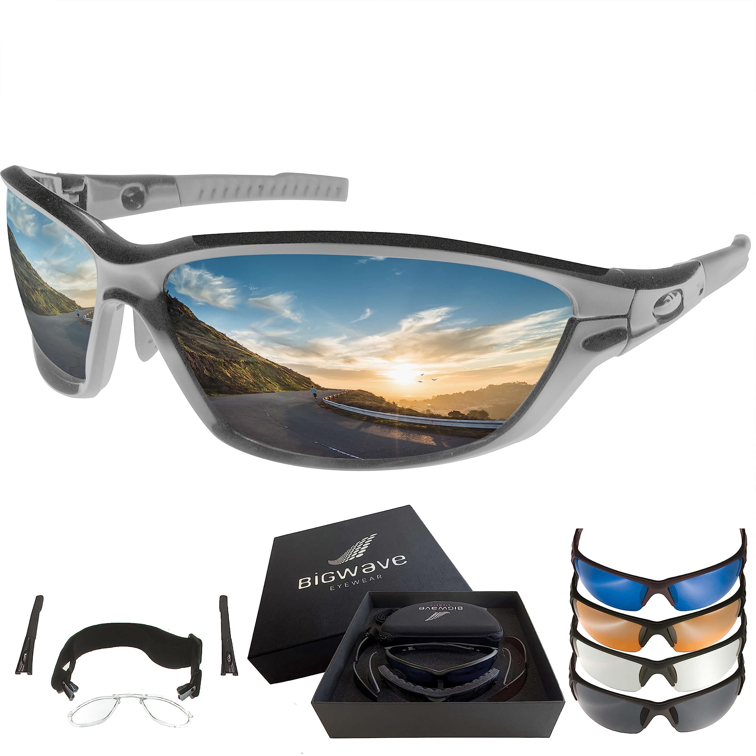 BIGWAVE Pro-Action 904 – Superentspiegelte Premium UV 400 Sportbrille mit 4 Wechselgläsern–Radsportbrille mit schmutzabweisender Clean-Coat Beschichtung für Damen und Herren