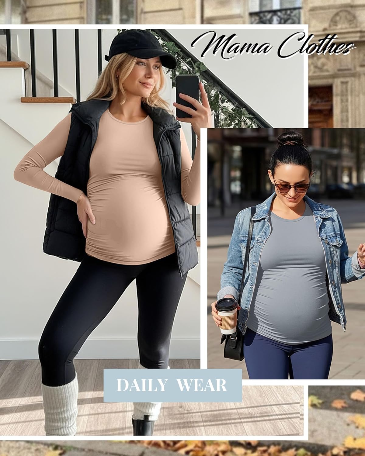 Huukeay 4 Pack Women's Maternity T Shirts, Long Sleeve Side Ruched Pregnancy Top Crew Neck Bodycon Shirts Casual Mama Clothes - Image 4