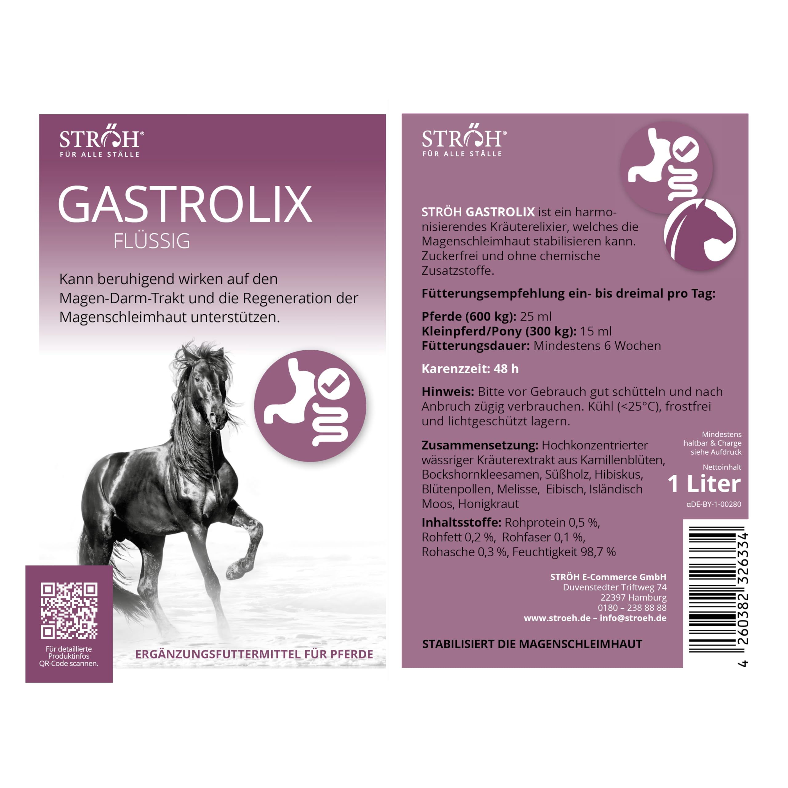 STRÖH Gastrolix (1 l) • Stabilisation du tractus gastro-intestinal pour chevaux • Herbes gastriques pour chevaux • Jus gastrique pour chevaux sans sucre • Protection naturelle de l'estomac pour les