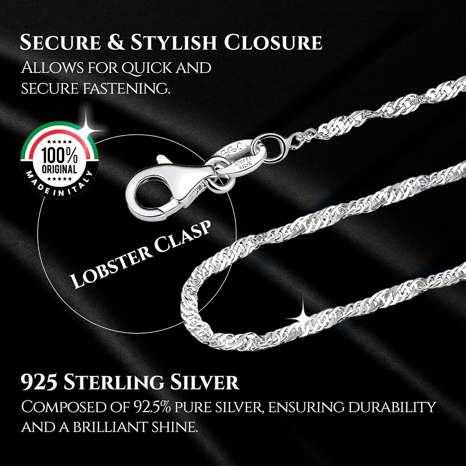 DSS 925 Sterling Silver Necklace for Women, Singapore Chain 2mm, Lobster Claw Clasps, Sterling Silver Chain, Italian Jewelry for Women, 16in - 30in - Image 3