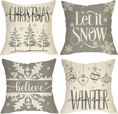 Miniatura 1 de Fjfz Merry Christmas Hello Winter - Juego de 4 fundas de almohada decorativas grises de 18 x 18 pulgadas, diseño de copos de nieve con diseño de