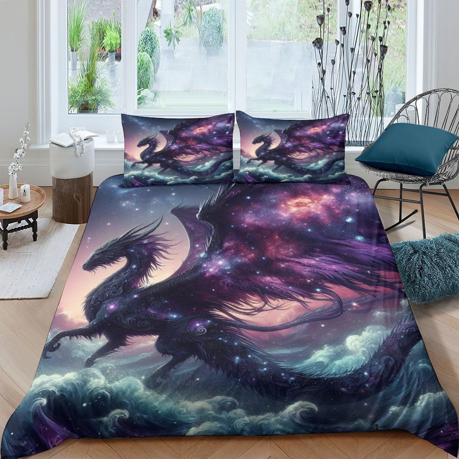 Tnfhsoft Flying Dragon-2 Flying Dragon Duvet Cover Set Cool Animals 3D Quilt Cover Decorative Microfiber Comforter Cover Set With Pillow Shams, Zipper, Soft Lightweight 3 Pieces Double（200X200cm）