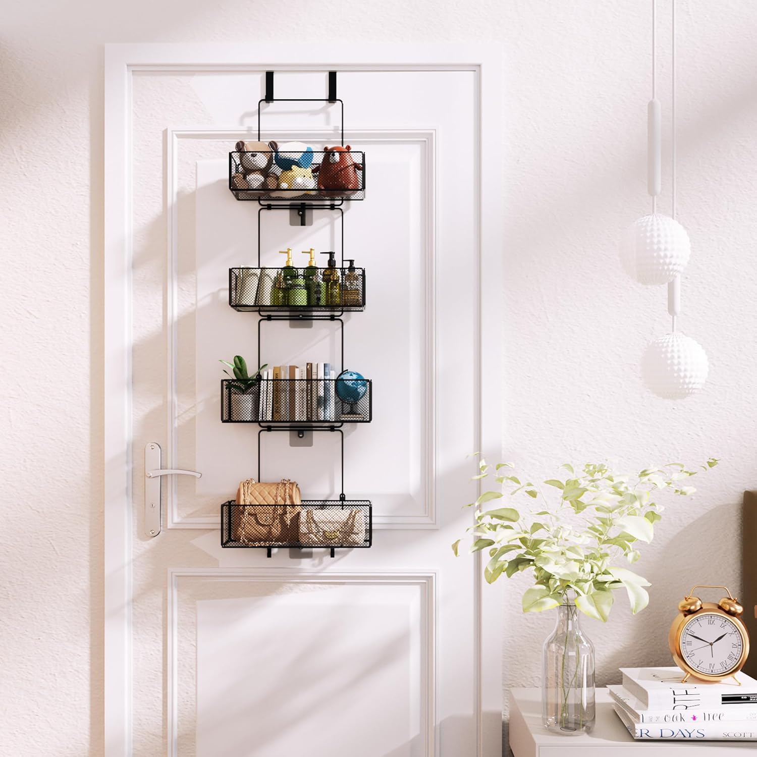 hapirm over door organizer storage - separable door organizer hanging with 4 metal large capacity baskets for bathroom bedroom kitchen pantry closet (black) black 4-tier