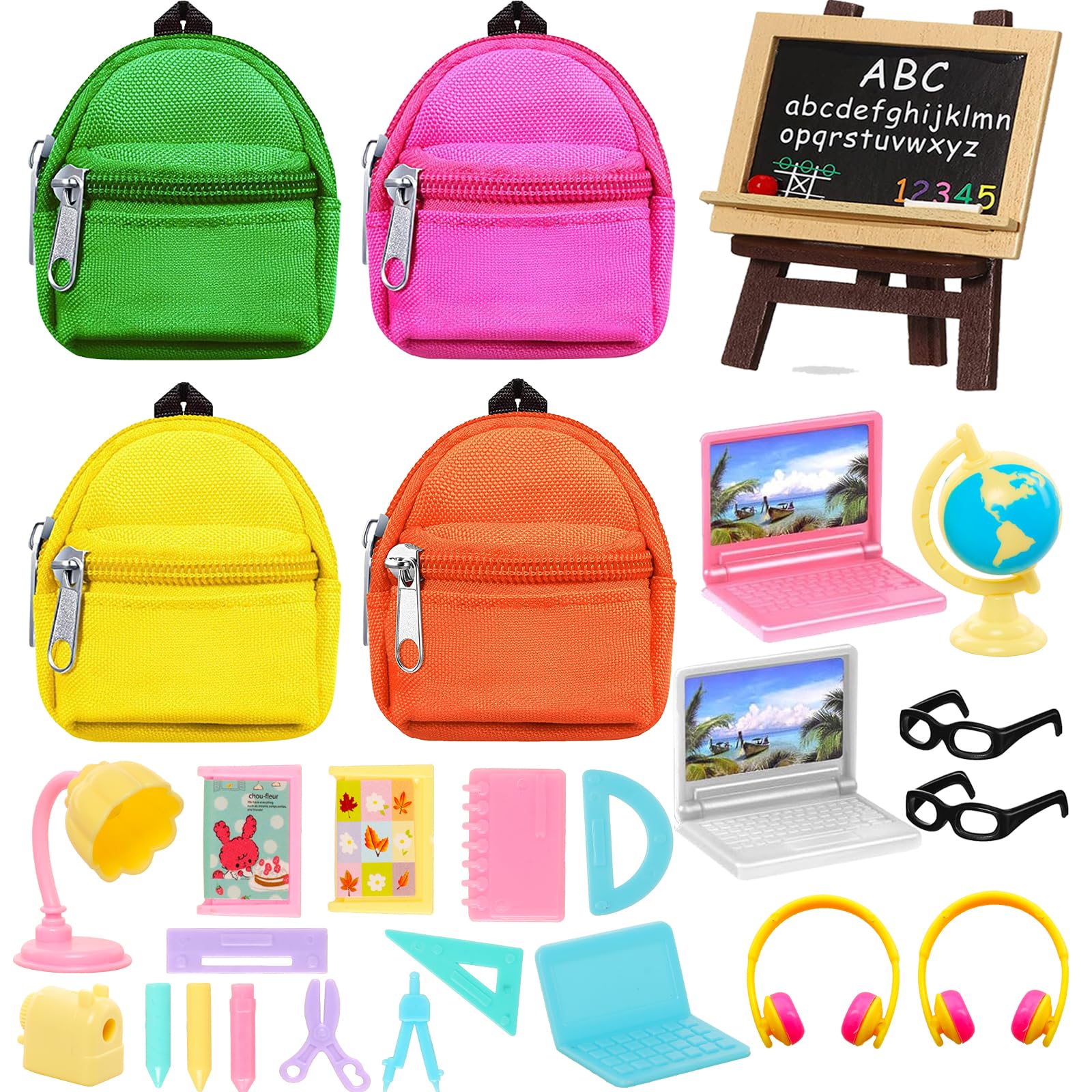 ENOCHT 27 Pcs 11.5 inch Doll School Accessories 4 Doll Backpack Bag with Zipper with Computers, Glasses, Blackboard, 7 Pcs Study Accessories 8 Pcs Stationery Sets 2 headsets
