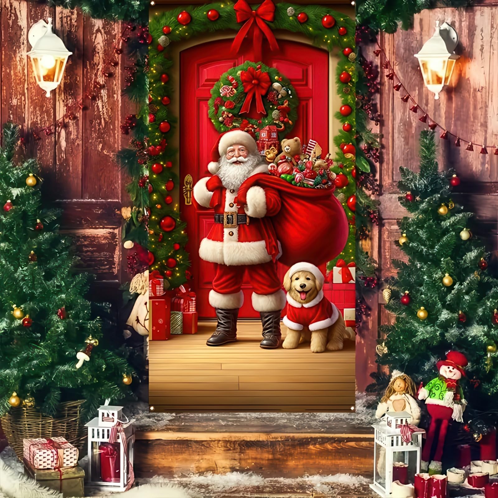 BlissYard Christmas Door Cover 71x35 Inch Santa and Reindeer Door Banner, Holiday Door Decoration for Front Door, Indoor Outdoor Christmas Backdrop,