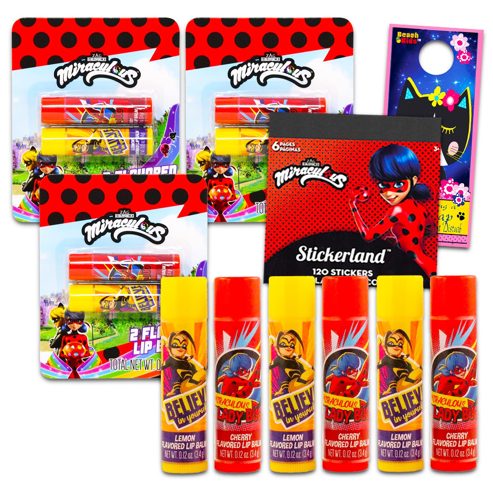 Miraculous Ladybug Lip Balm Set - Bundle with 6 Miraculous Ladybug Lip Balm Tubes, Stickers and More | Cat Noir Lip Balm Kit for Kids