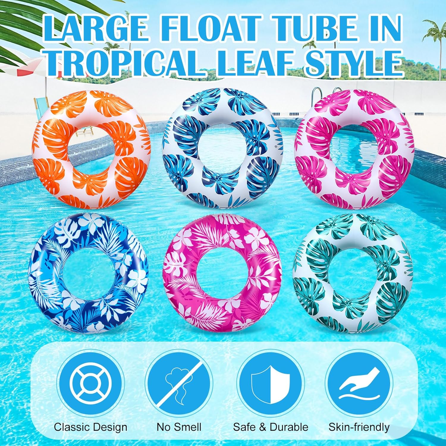 ShinyRelief 6 Pcs Pool Tubes for Adults 42 Inch Large Inflatable Floats Tube Tropical Leaves Inflatable Pool Floats Rings Colorful Swimming Ring Hawaii Summer Swimming (Novelty Color)