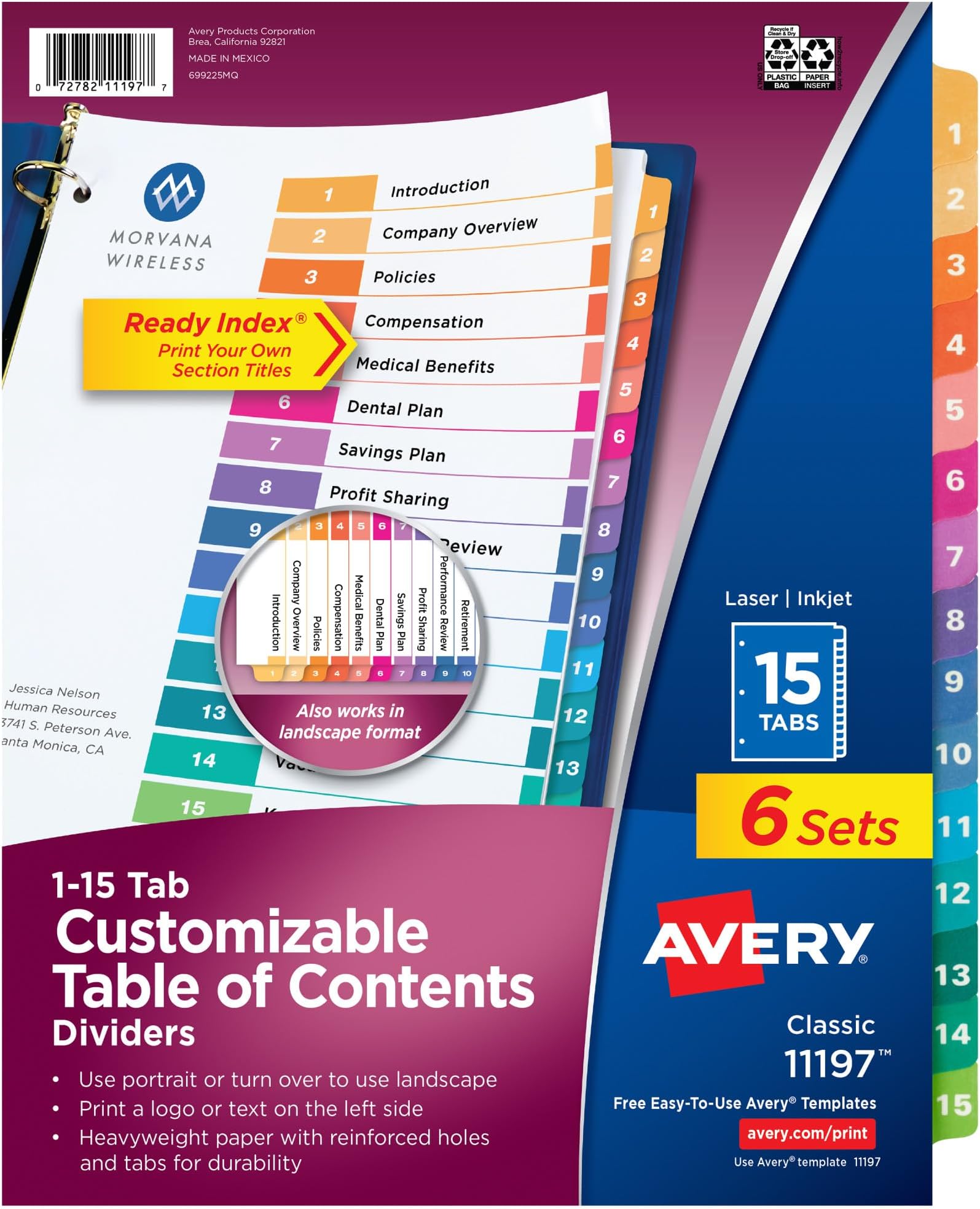 Avery 15 Tab Dividers for 3 Ring Binders, Customizable Table of Contents, Multicolor Tabs, 6 Sets (11197)