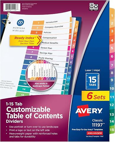 Avery 3 Halka Bağlayıcı için 15 Sekmeli Bölücüler, Özelleştirilebilir İçindekiler, Çok Renkli Sekmeler, 6 Takım (11197)