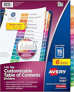 Avery 15 Tab Dividers for 3 Ring Binders, Customizable Table of Contents...