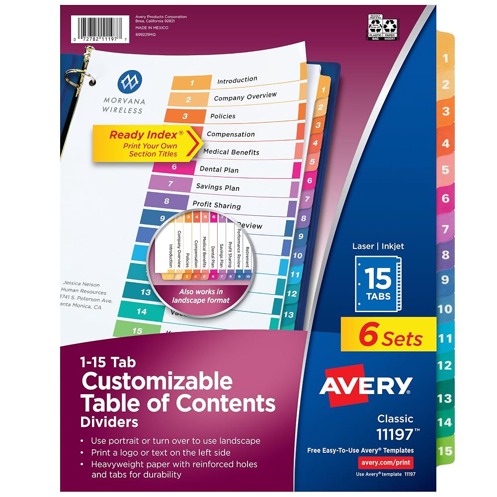 Avery Ready Index Table of Contents Dividers, 15-Tab, Color, 6 Sets
