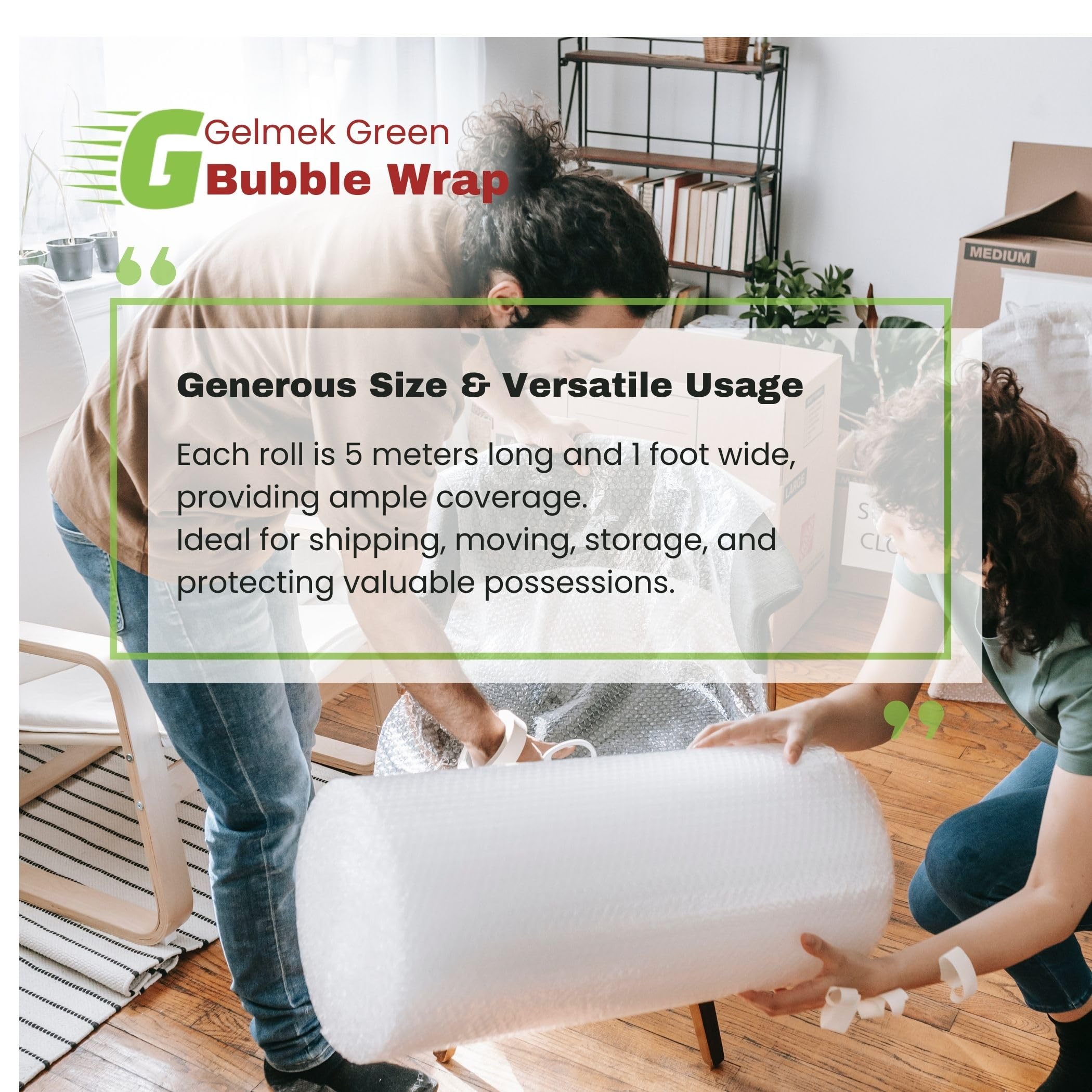 Gelmek Green 40 Gsm Air Bubble Wrap Packing Roll for Safety, packed in cartoon box -zero damage -Multipurpose Packing Needs 1.2 feet Wide (5 Meter length, Transparent) 500cm x 37 cm 1
