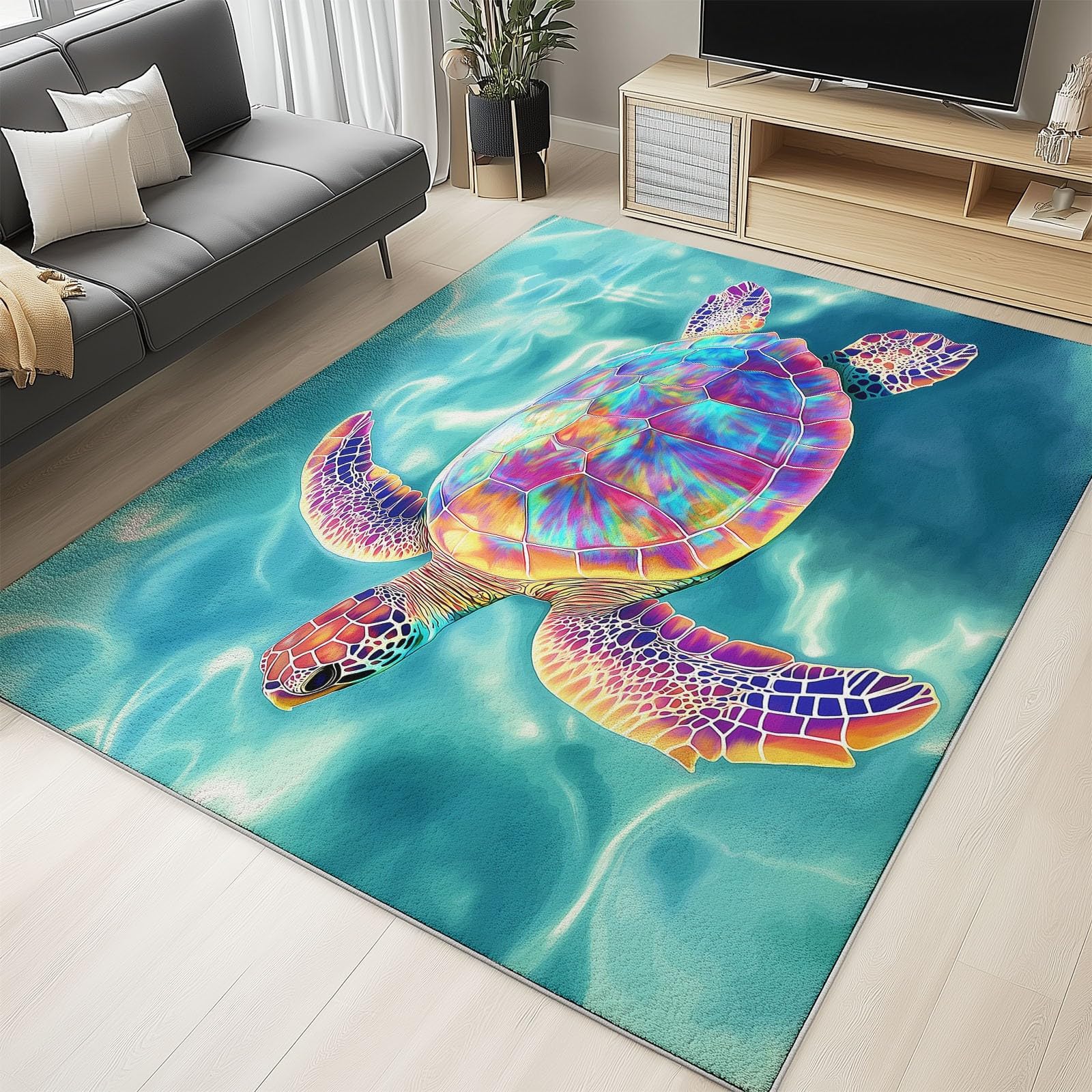 Générique Tapis Abstrait Salon Eau de mer Bleue Tortue de mer à Poils Courts Antidérapant Salon 120 x 180cm Chambre Poil Ras Doux Tapis de Décoration Paillassons pour entrée
