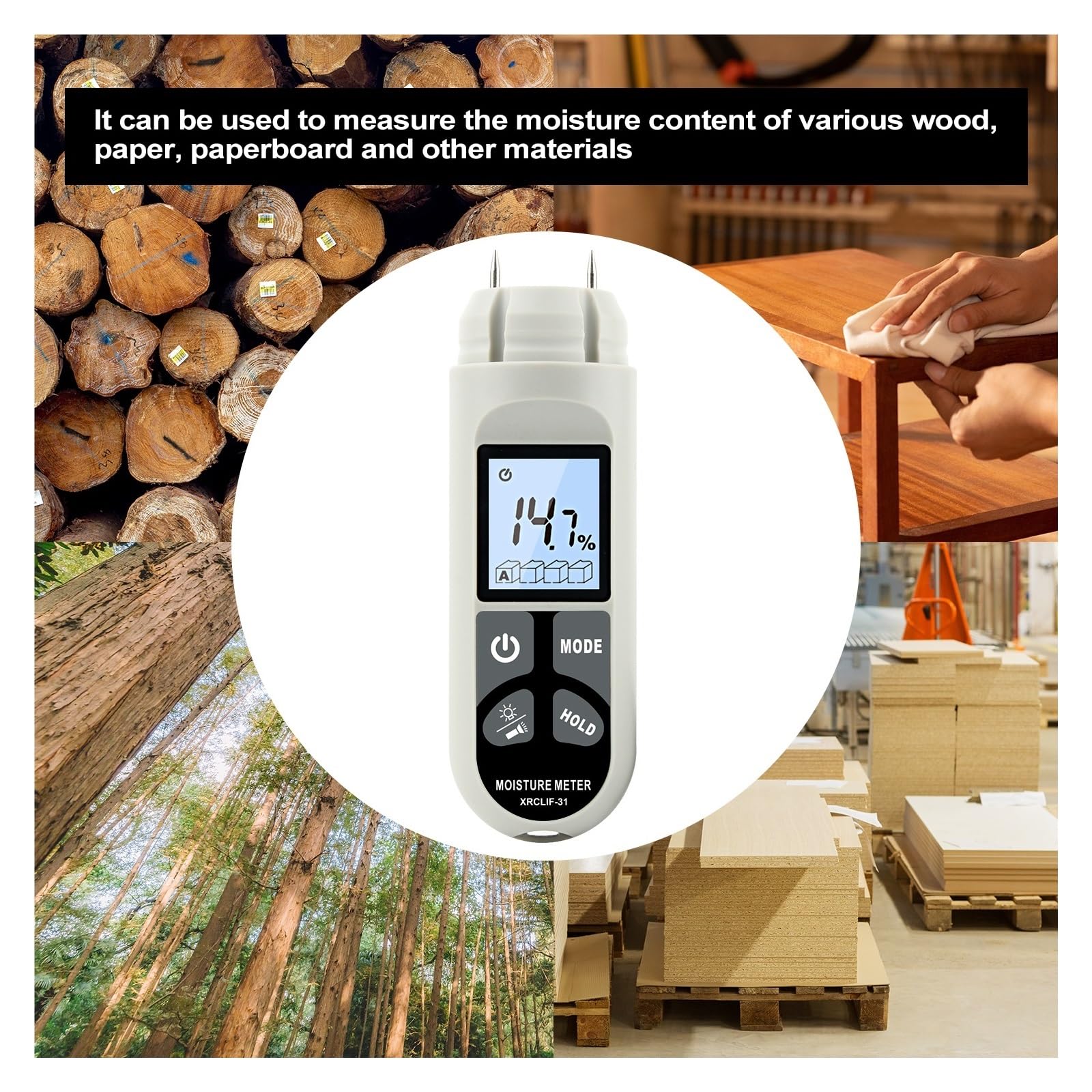 Holz-Wasser-Feuchtigkeitsmesser, Tragbarer Digitaler Holzkarton-Feuchtigkeitsgehaltstester, Holz-Hygrometer, Holz-Feuchtigkeitsmesser Einfache Bedienung