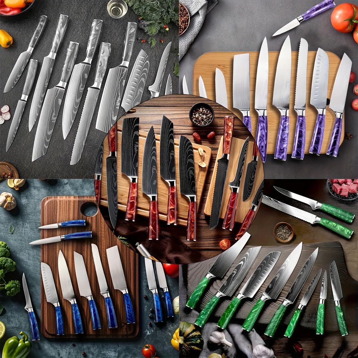Messerblock Set, mit 10-teilige, Harzgriff, Kitchen knife Set mit Kochemesser, Brotmesser, Santokumesser, Schälmesser, Damast-Muster, Profi Kochmesser Set Geschenkbox (Blau)