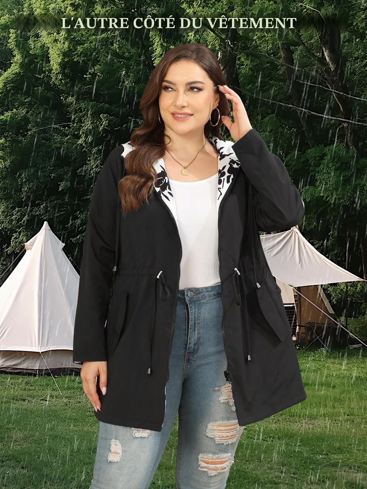 Veste de pluie pour femme - Grandes tailles - Réversible - Léger - Coupe-vent - Imperméable - Avec capuche - Veste de sport d'extérieur