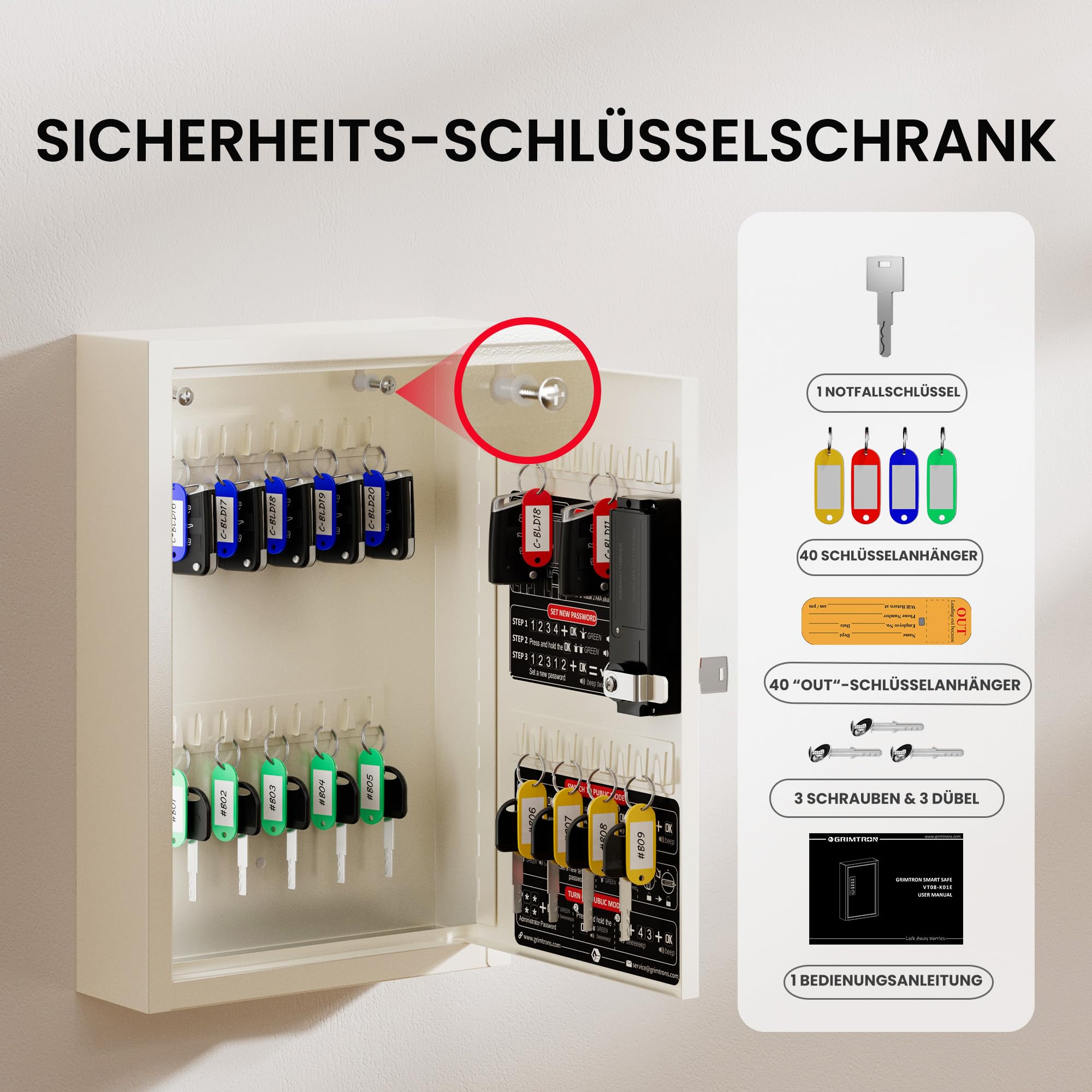 Grimtron Elektronischer Schlüsselschrank Zahlencode für 40 Schlüssel - Wandmontage Schlüsselbox Beige - Privat/Öffentlich/Anti-Peep Modus - Ideales Muttertagsgeschenk