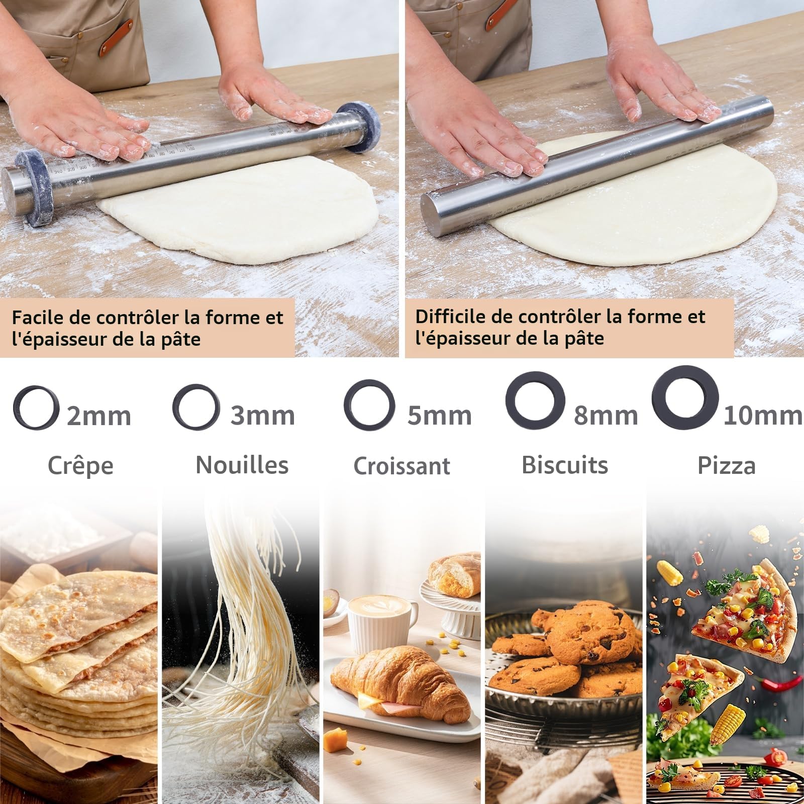 Rouleau à Pâtisserie Antiadhésif Ajustable en Acier Inoxydable 40cm, avec Anneaux Amovibles 5 Tailles