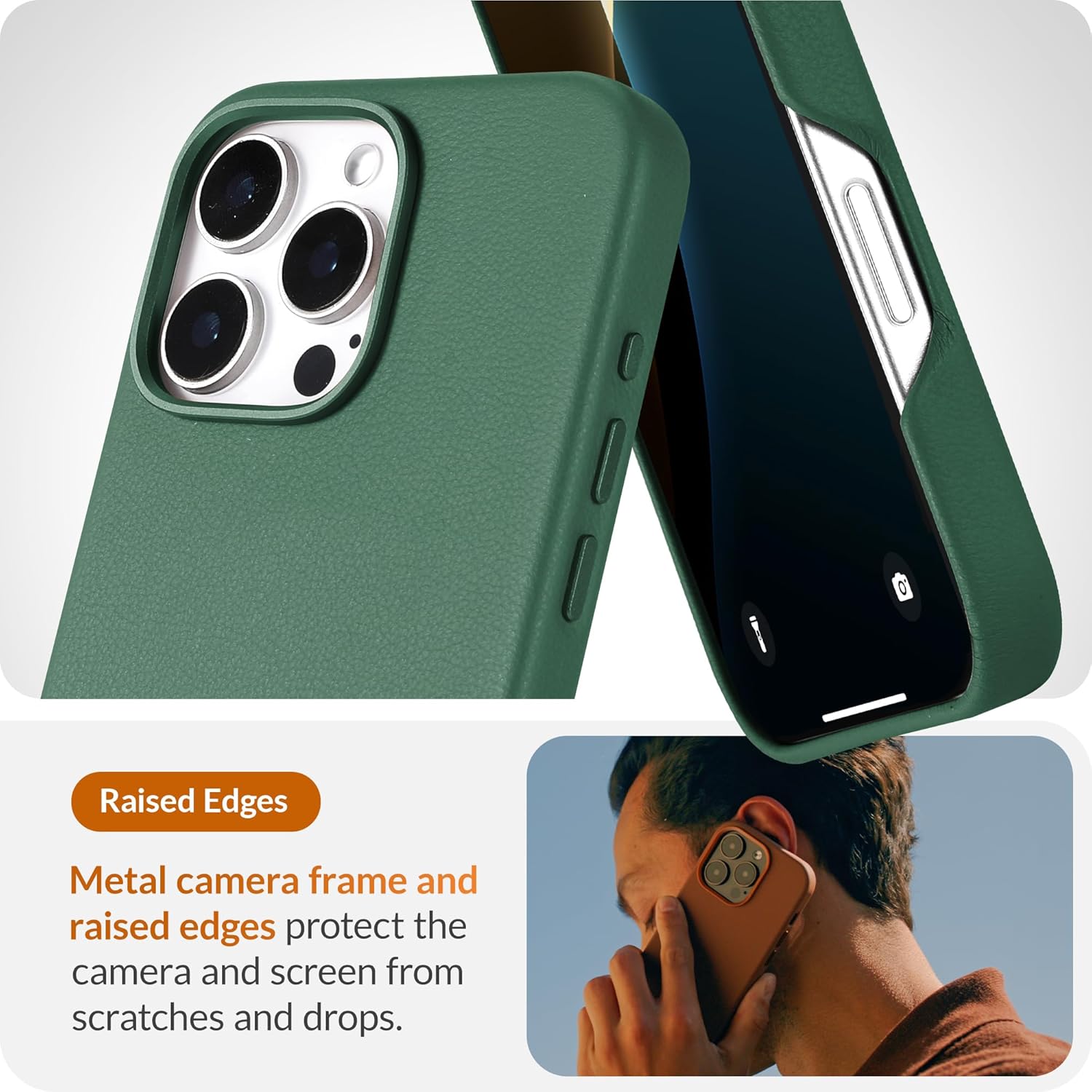 LONLI Classic - for iPhone 16 Pro Max Leather Case - European Genuine Vele Leather Phone Case - Smoothen and Soften Over Time - [Compatible with Magsafe] - Green - Image 4