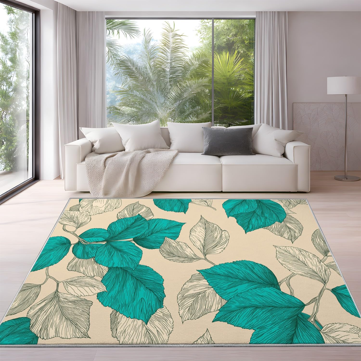 Ogólny, wykwintny kwadratowy dywan flanelowy 160 x 230 cm – nadaje się do prania i antypoślizgowy, nowoczesny, minimalistyczny dywan w liście, do sypialni, biura lub jadalni, beżowy, cyjan