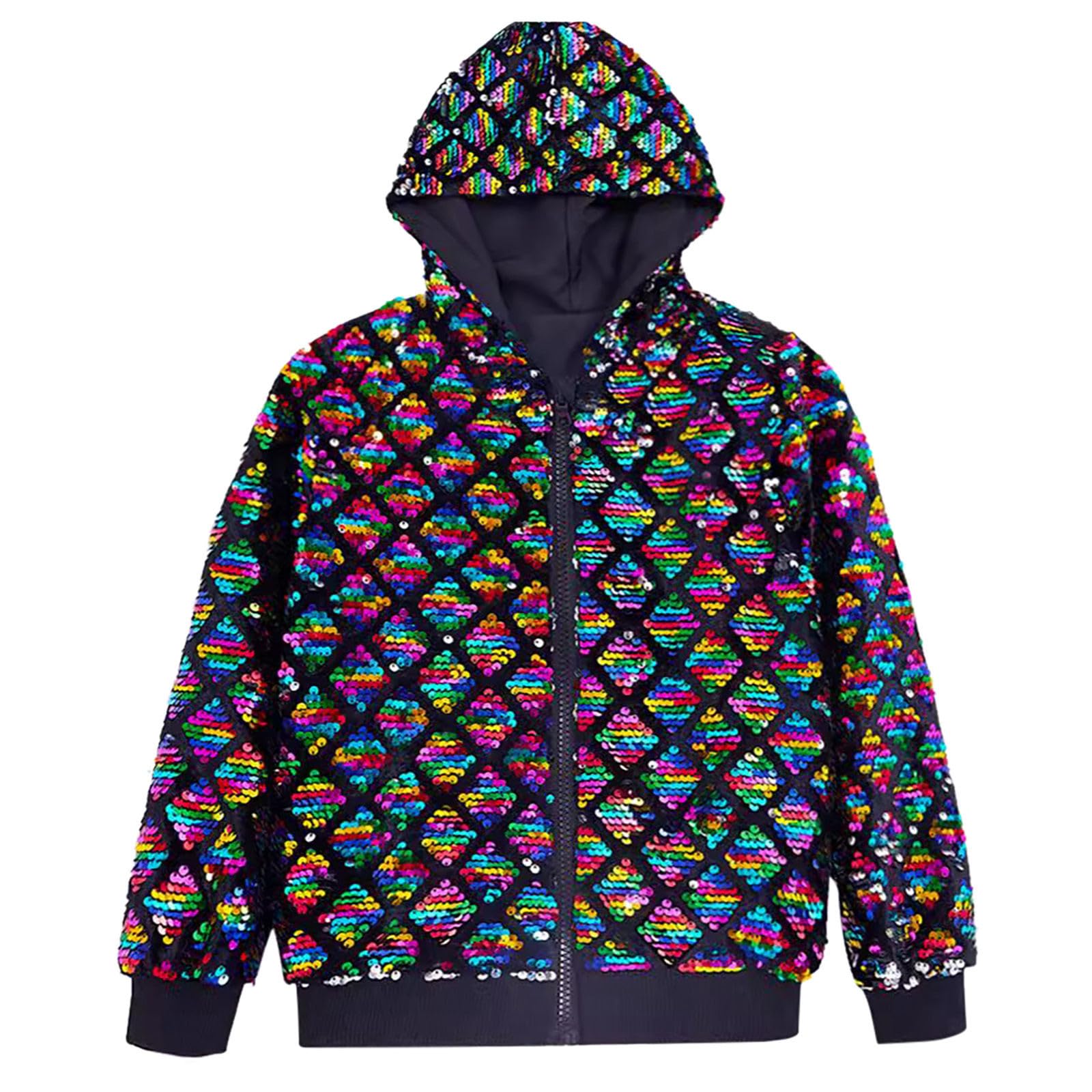 Herren Paillettenjacken Glitzernd Winterjacke mit Kapuz Party Outwear mit Reißverschluss Langarm Party Blazer Karneval Glitzer Jacke Einfarbig Blazermantel Streetwear Sakko
