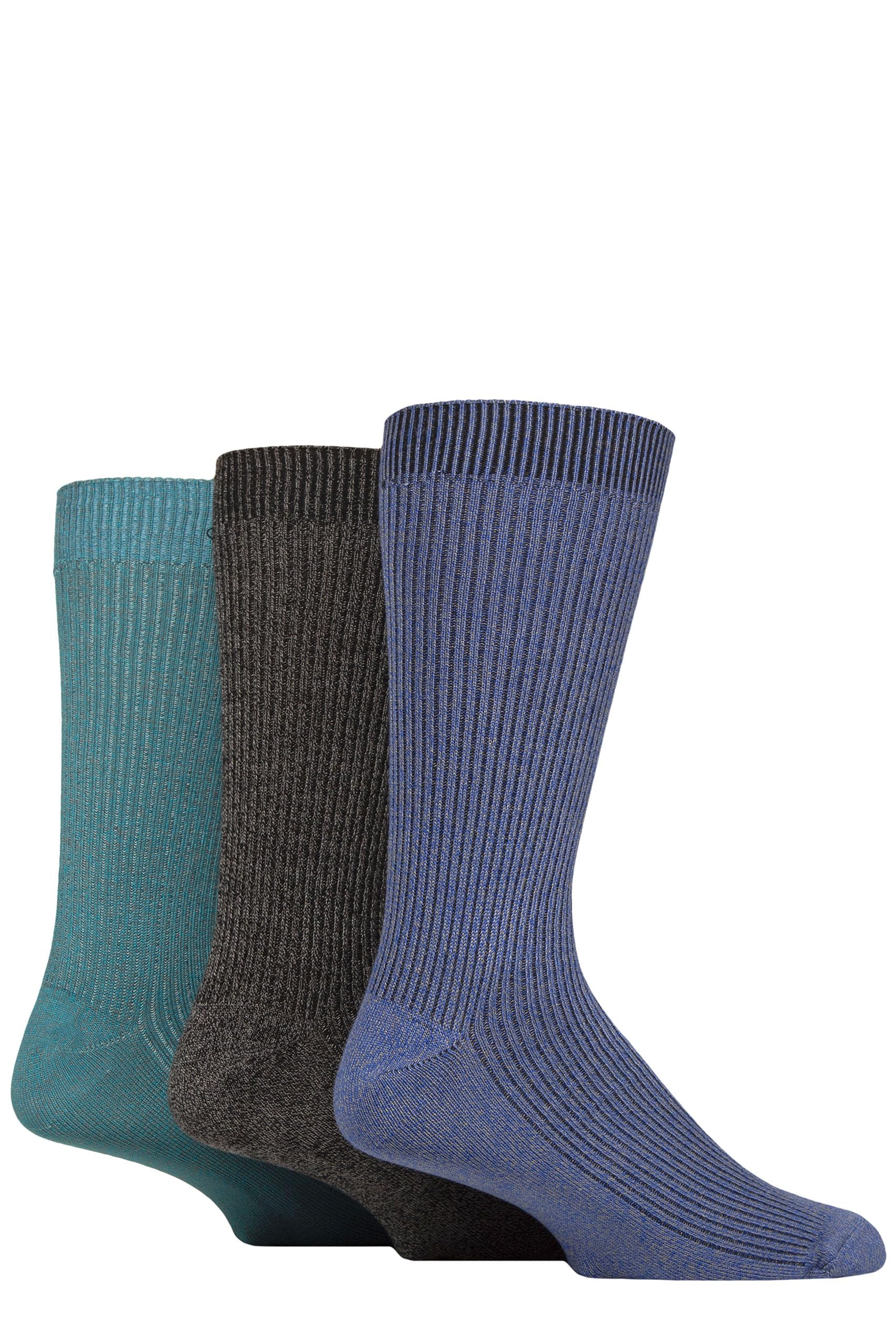 Glenmuir Men's Bamboo Leisure Socks - Plain, Patterned, Striped, Ribbed, Crew Length, Calf Length, Soft, Smooth, Breathable, Cooling, 3 Pair Multipack Size 7-11 Blue/Black/Teal