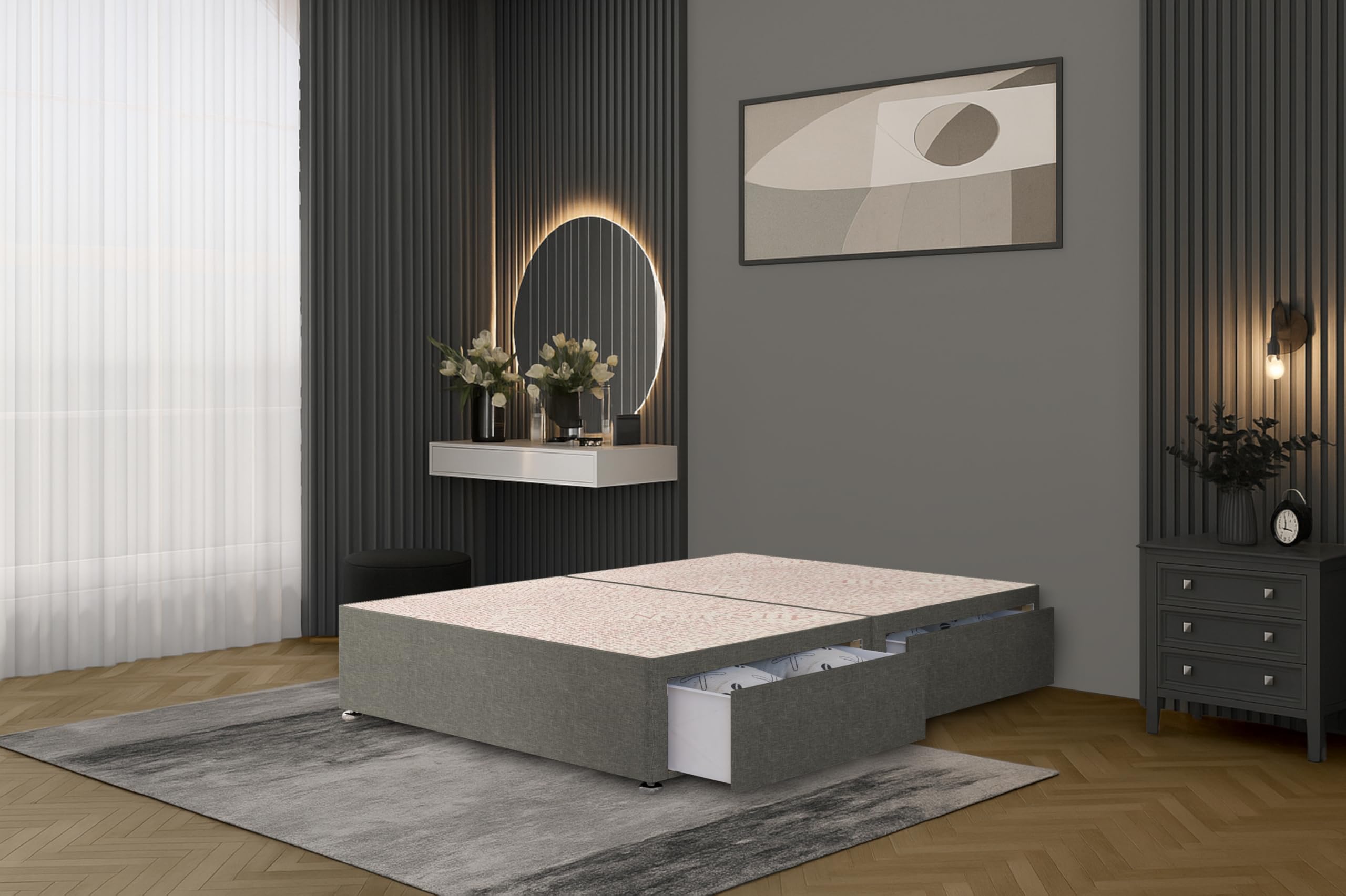 Bed Centre Flexby Divan Bed Base Only with 2 Drawers (Same Side), No Headboard - Available in 3FT, 4FT, 5FT & 6FT (5FT King, Linen Silver Fabric) โ image 1